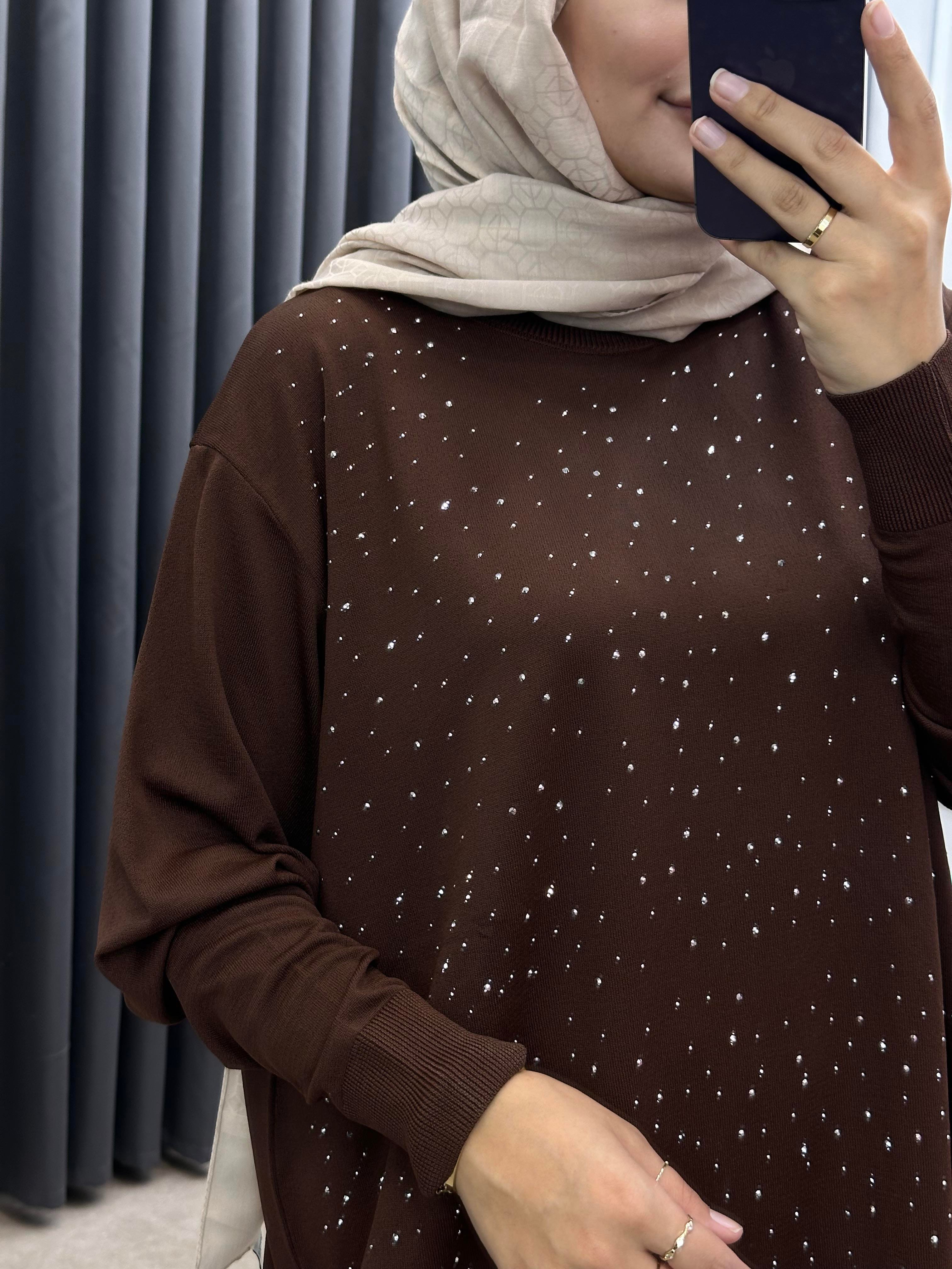 TAŞLI MERSERİZE TUNİK KAHVE