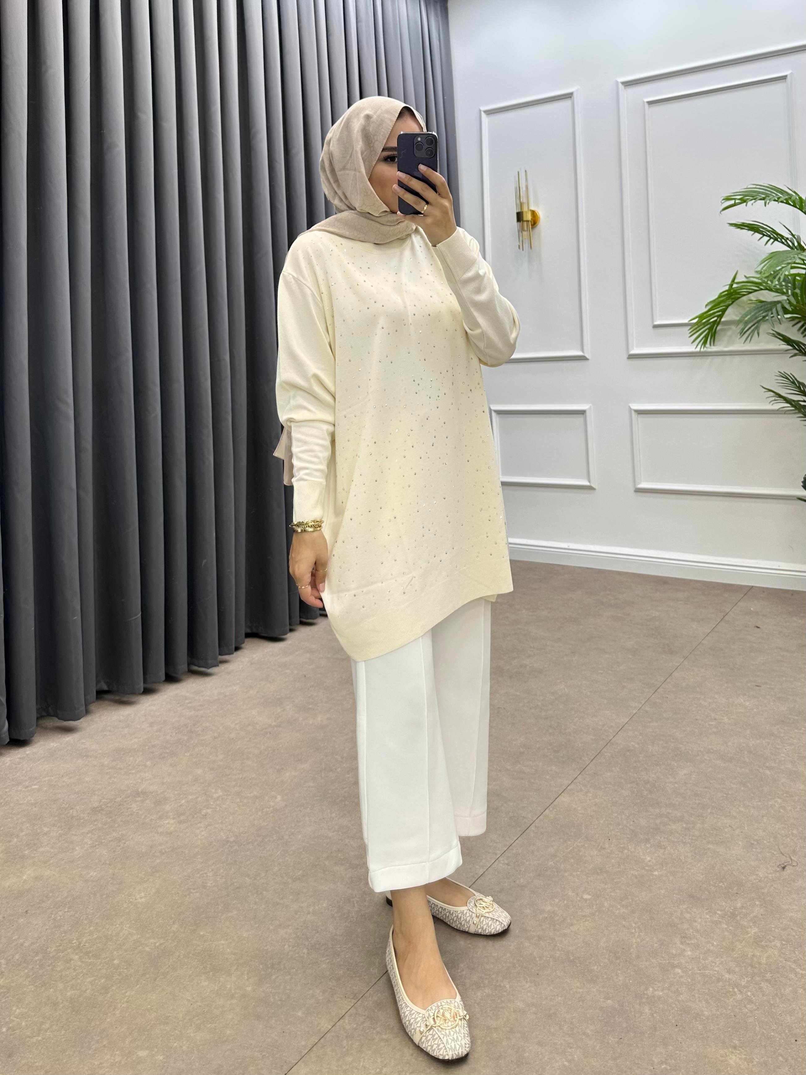 TAŞLI MERSERİZE TUNİK KREM