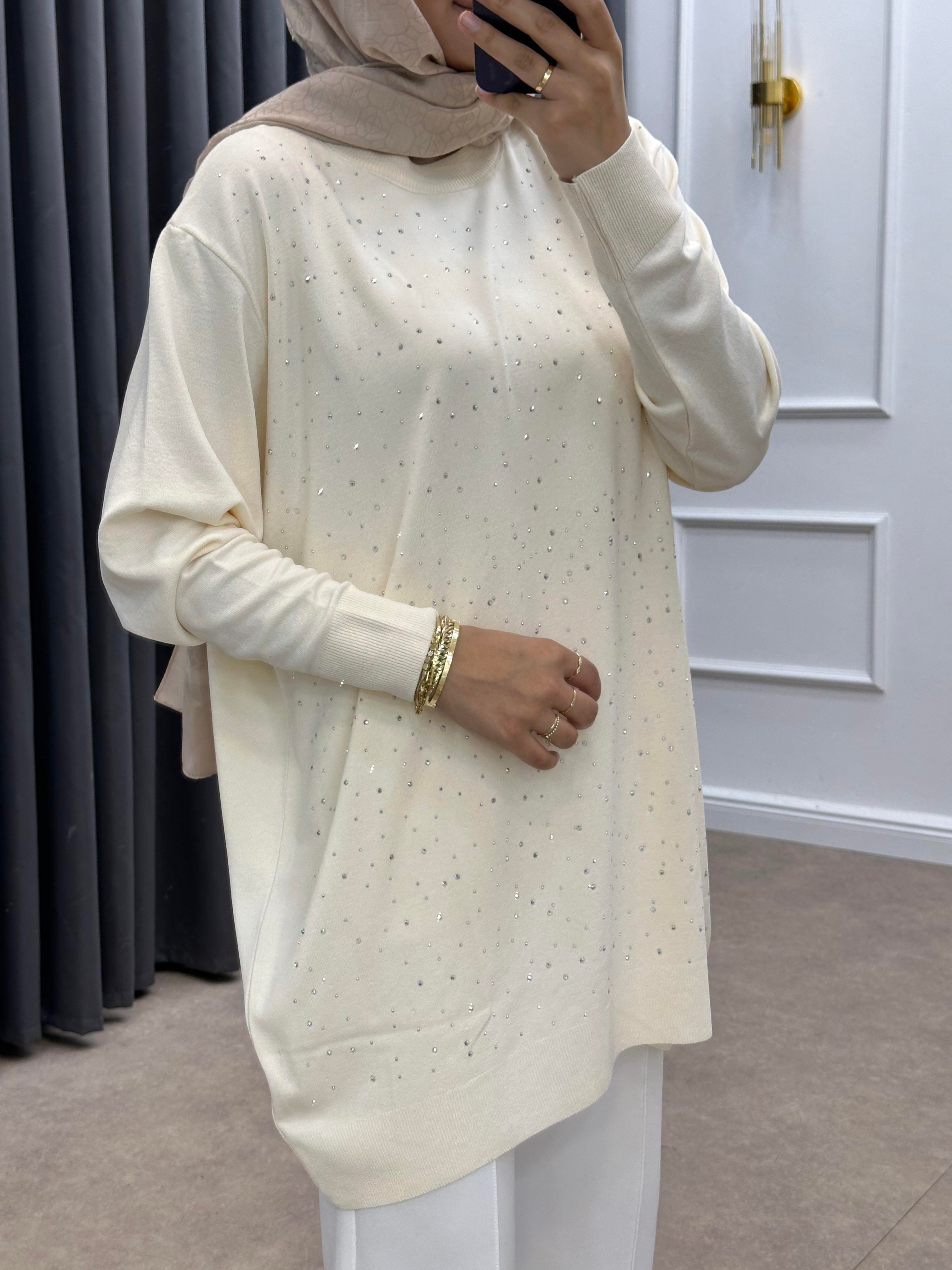 TAŞLI MERSERİZE TUNİK KREM