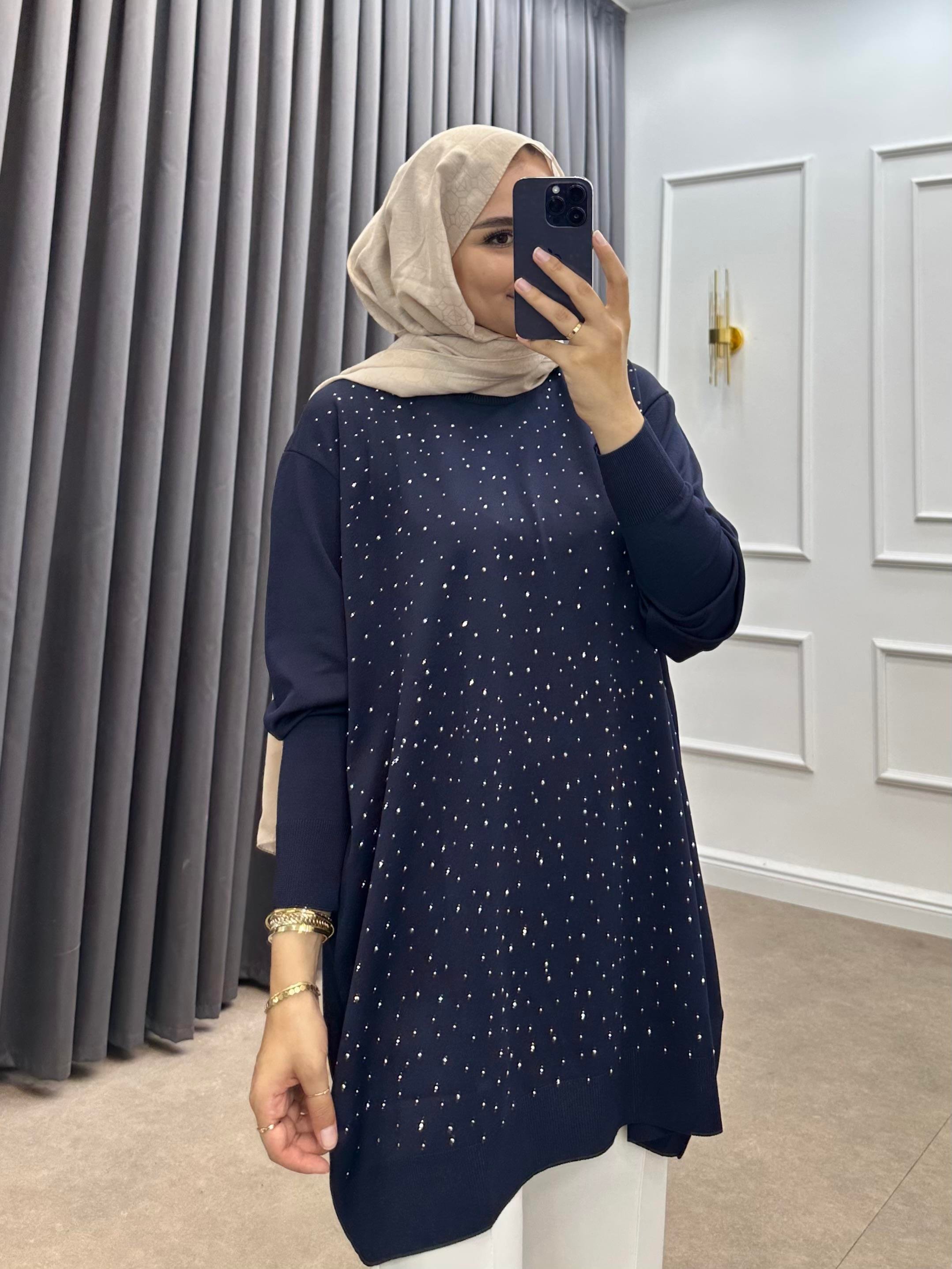 TAŞLI MERSERİZE TUNİK LACİVERT