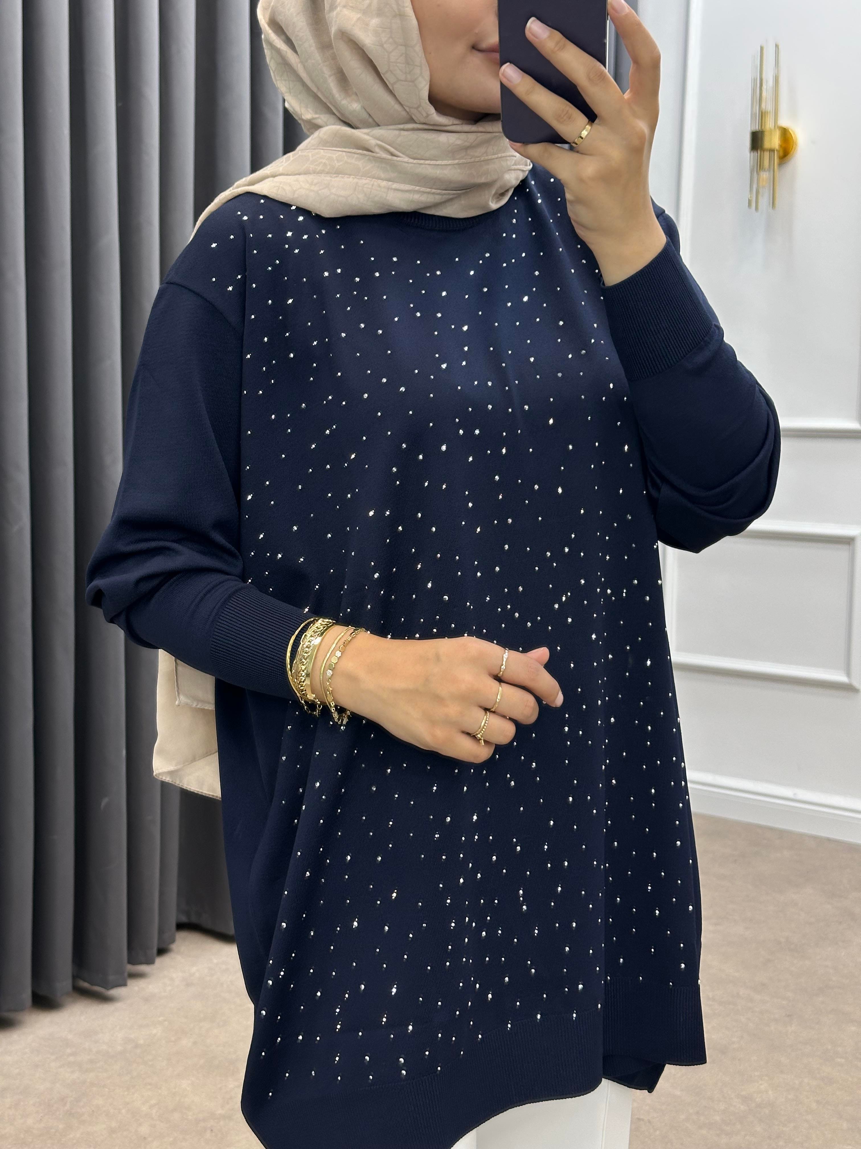 TAŞLI MERSERİZE TUNİK LACİVERT