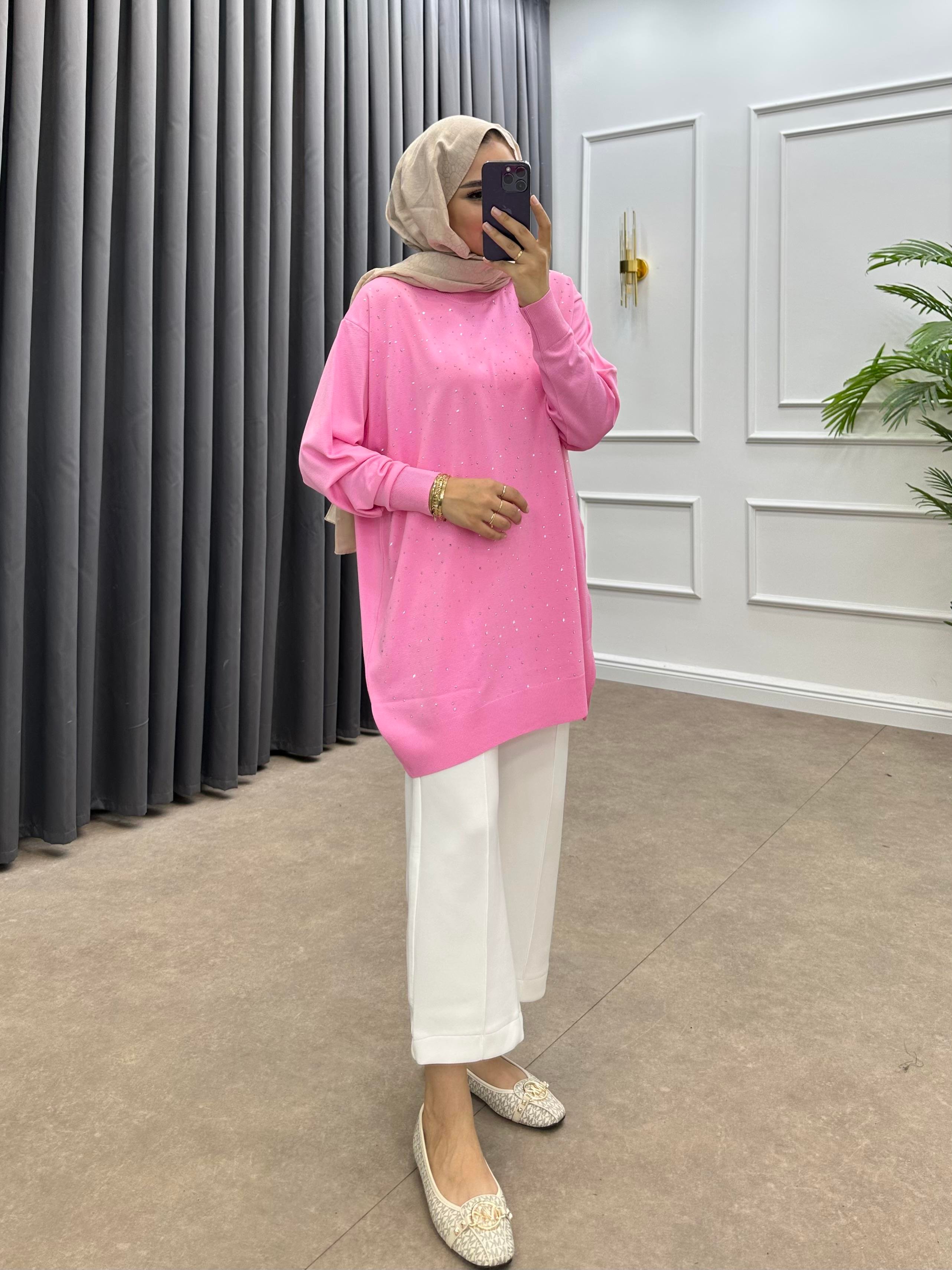 TAŞLI MERSERİZE TUNİK PEMBE