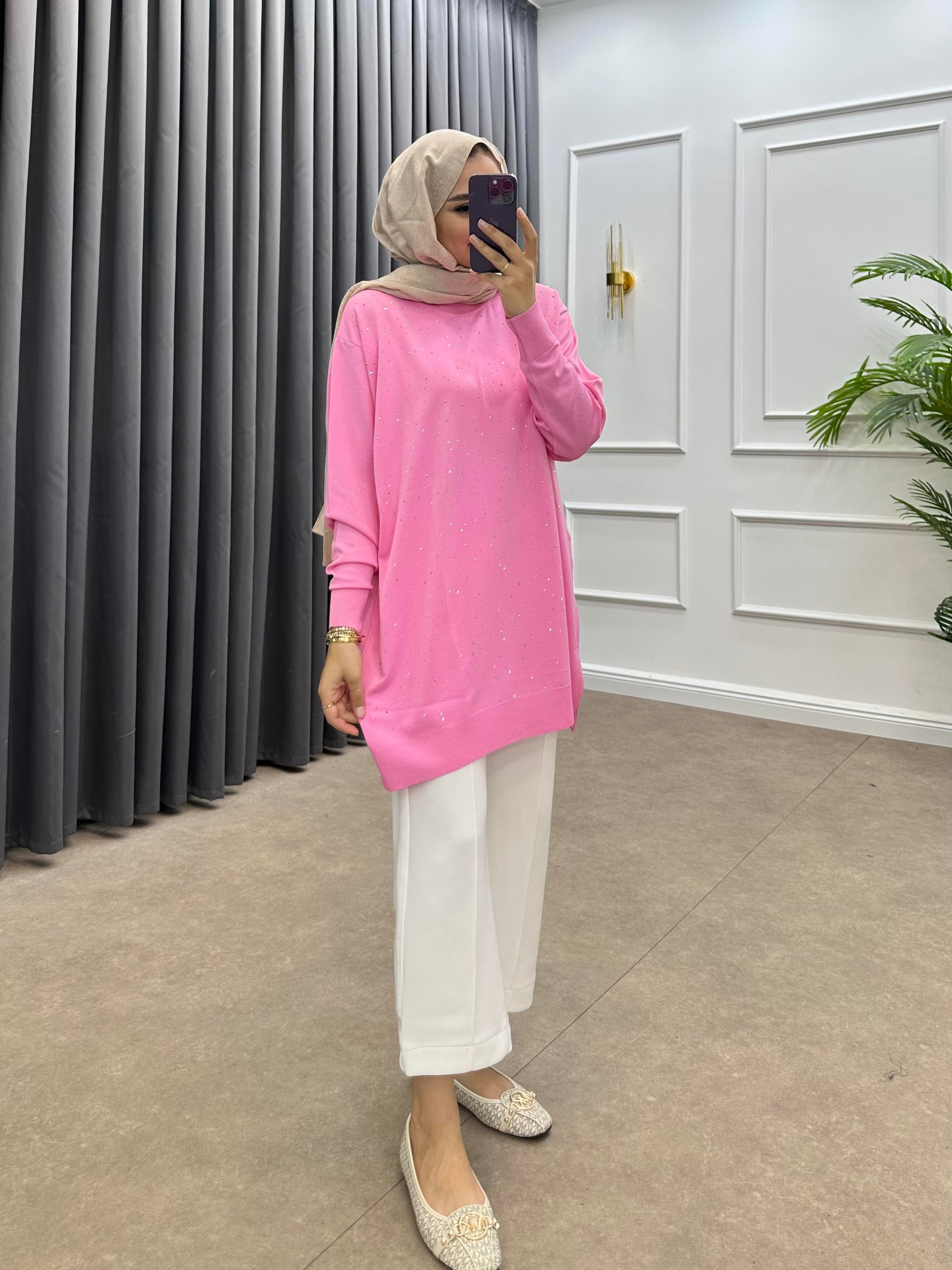 TAŞLI MERSERİZE TUNİK PEMBE