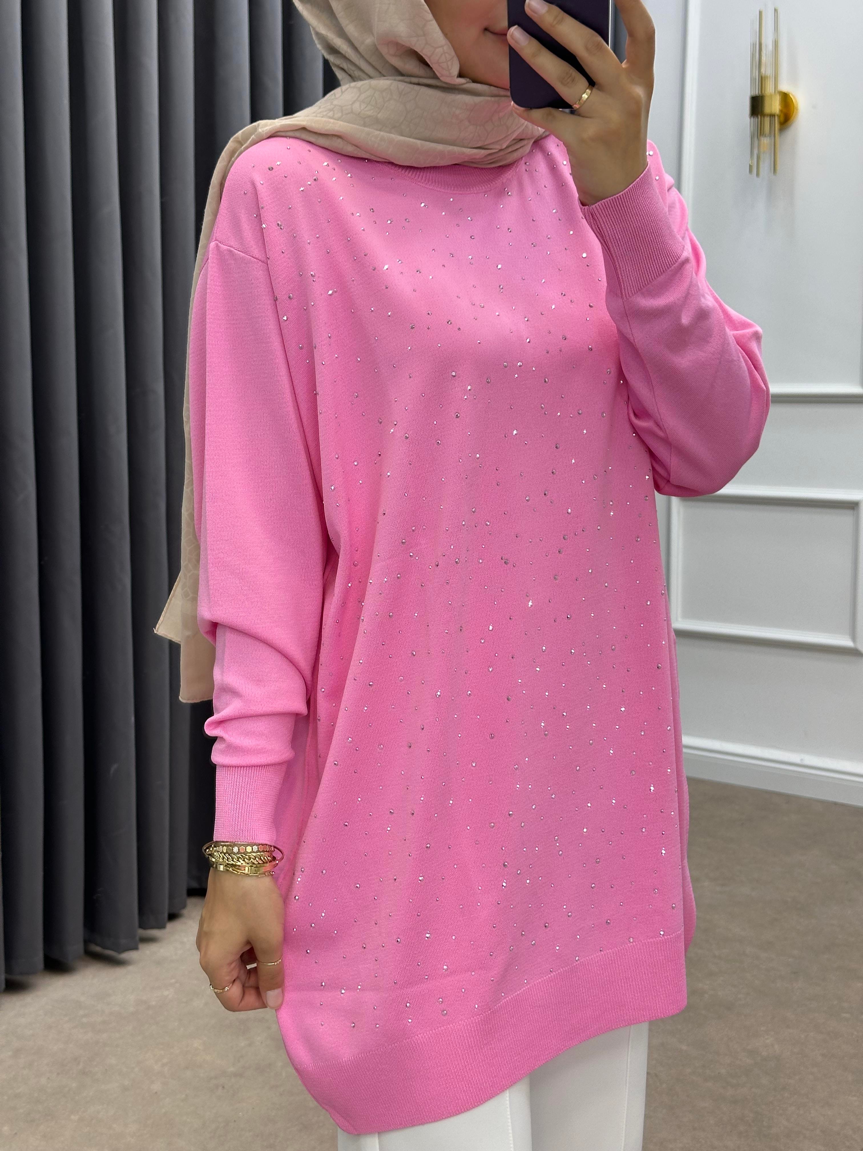 TAŞLI MERSERİZE TUNİK PEMBE