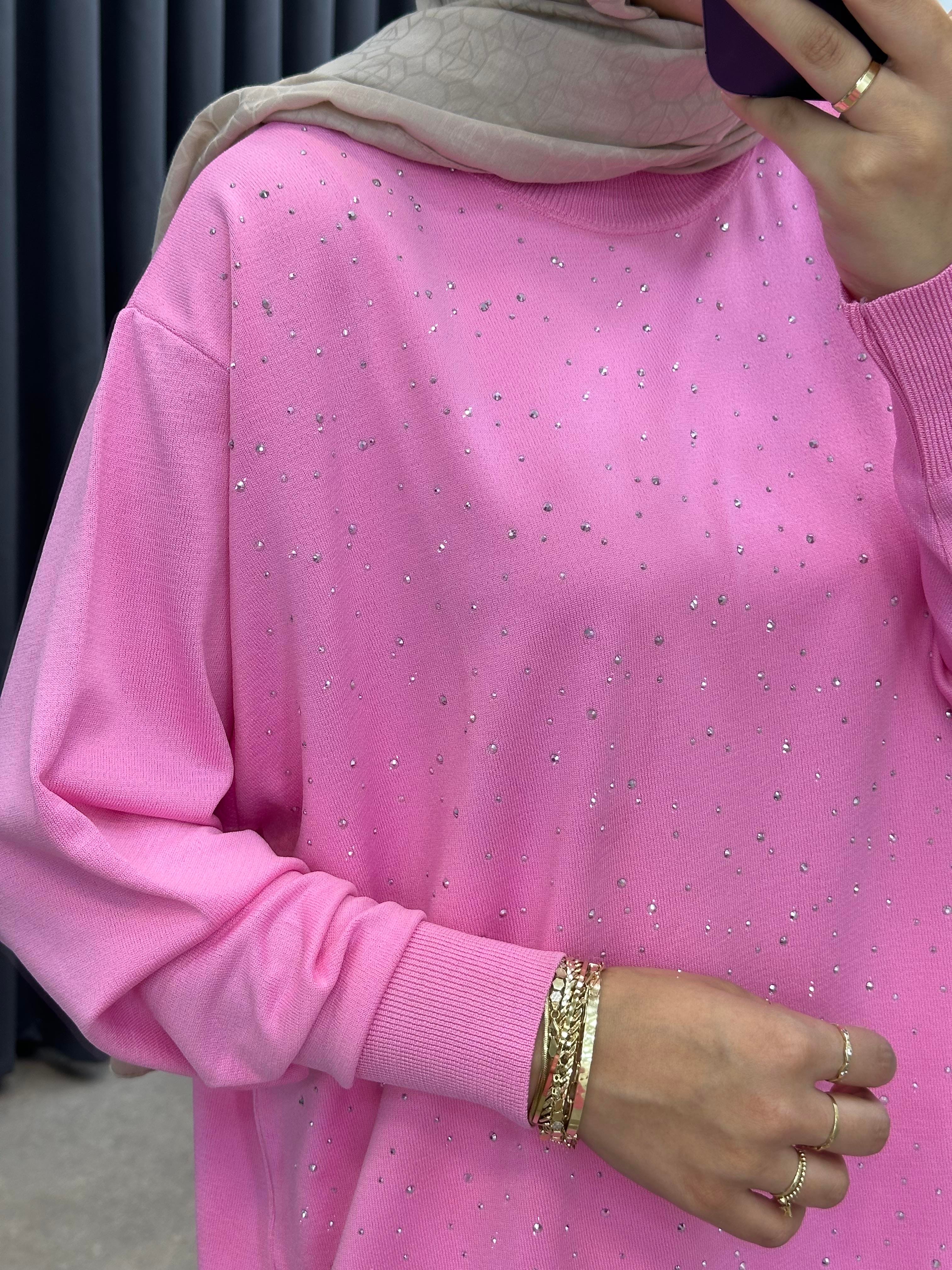 TAŞLI MERSERİZE TUNİK PEMBE