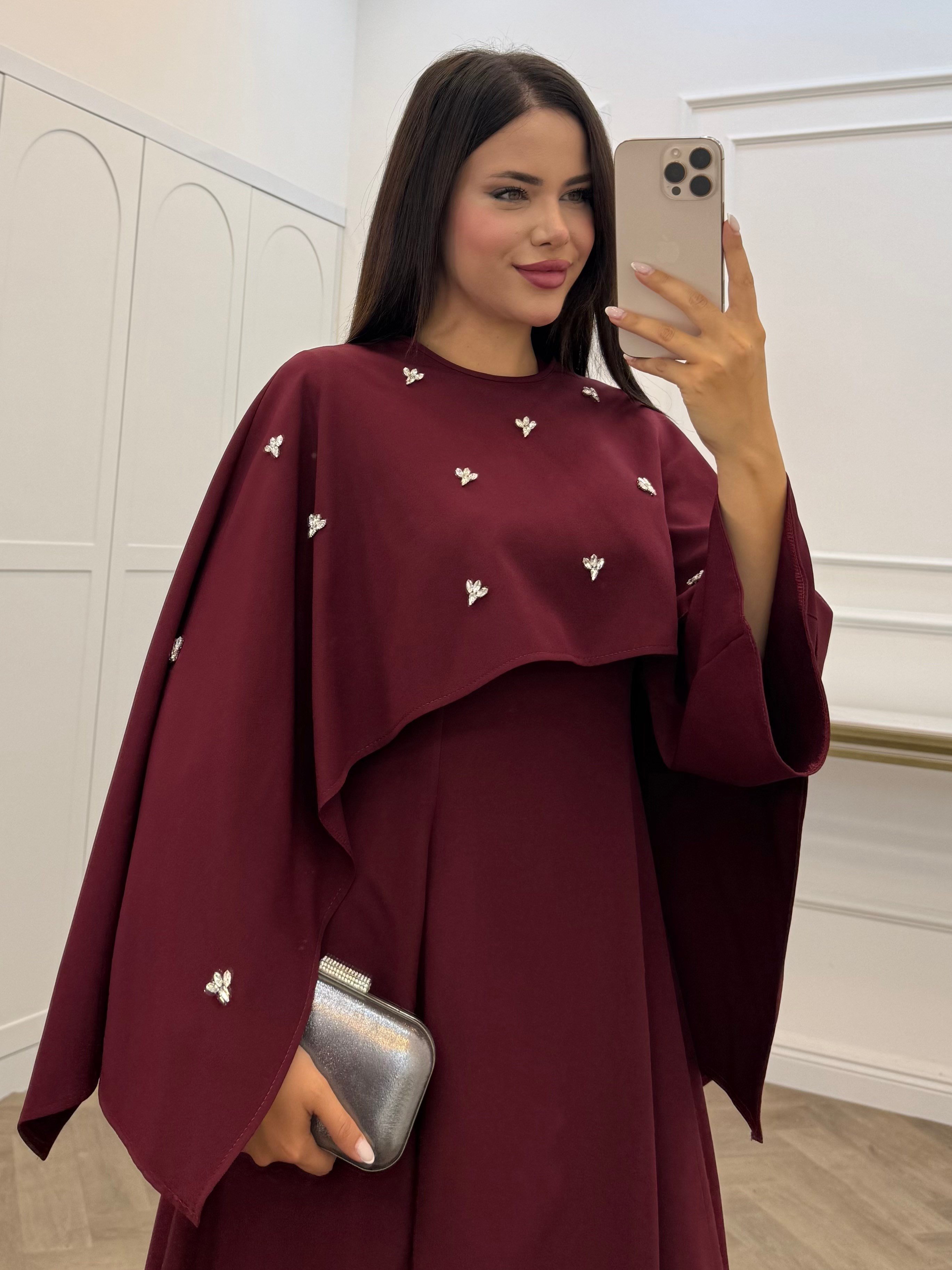 TAŞLI PELERİNLİ ABİYE BORDO