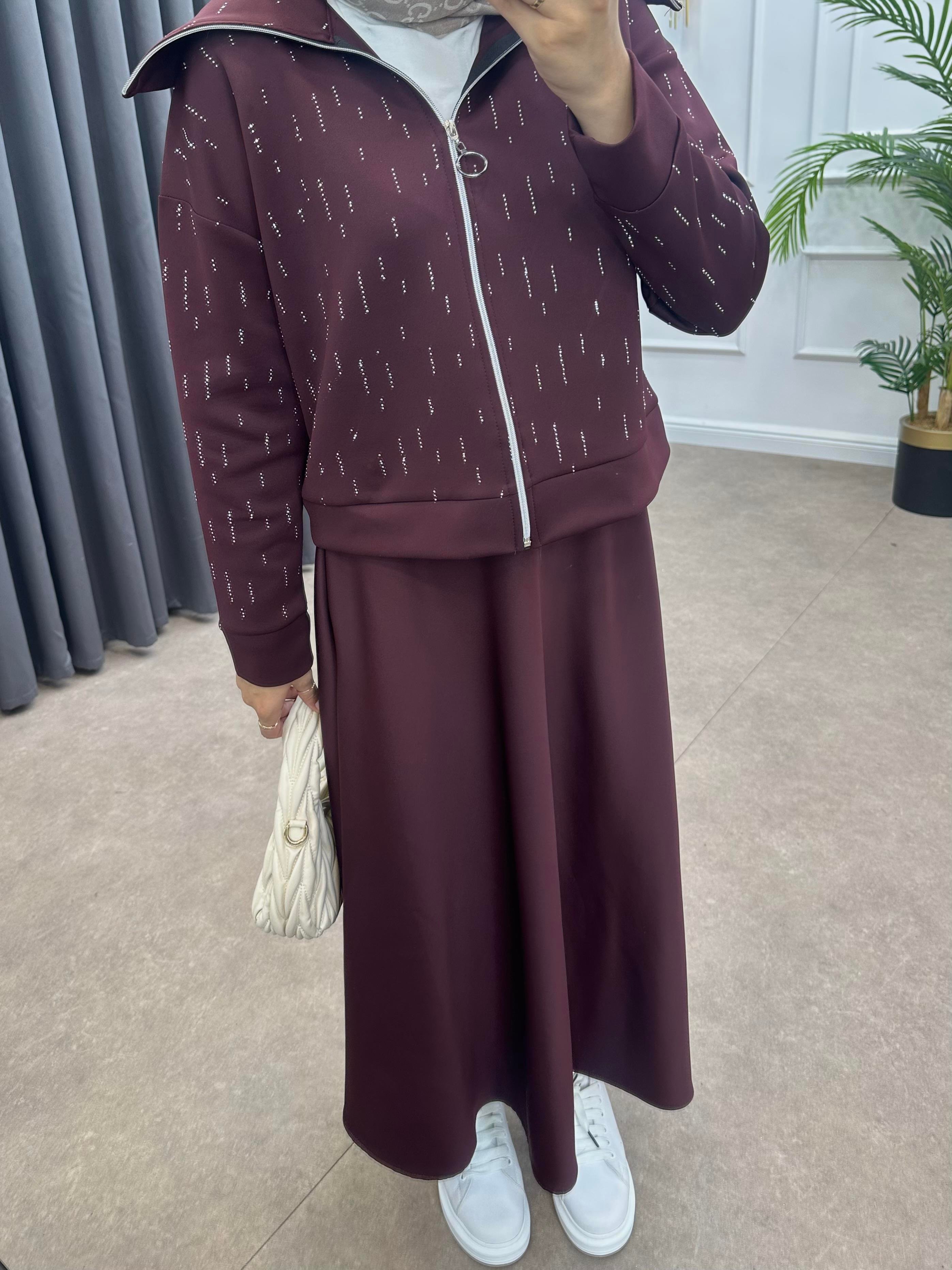 TAŞLI SCUBA ETEKLİ TAKIM BORDO