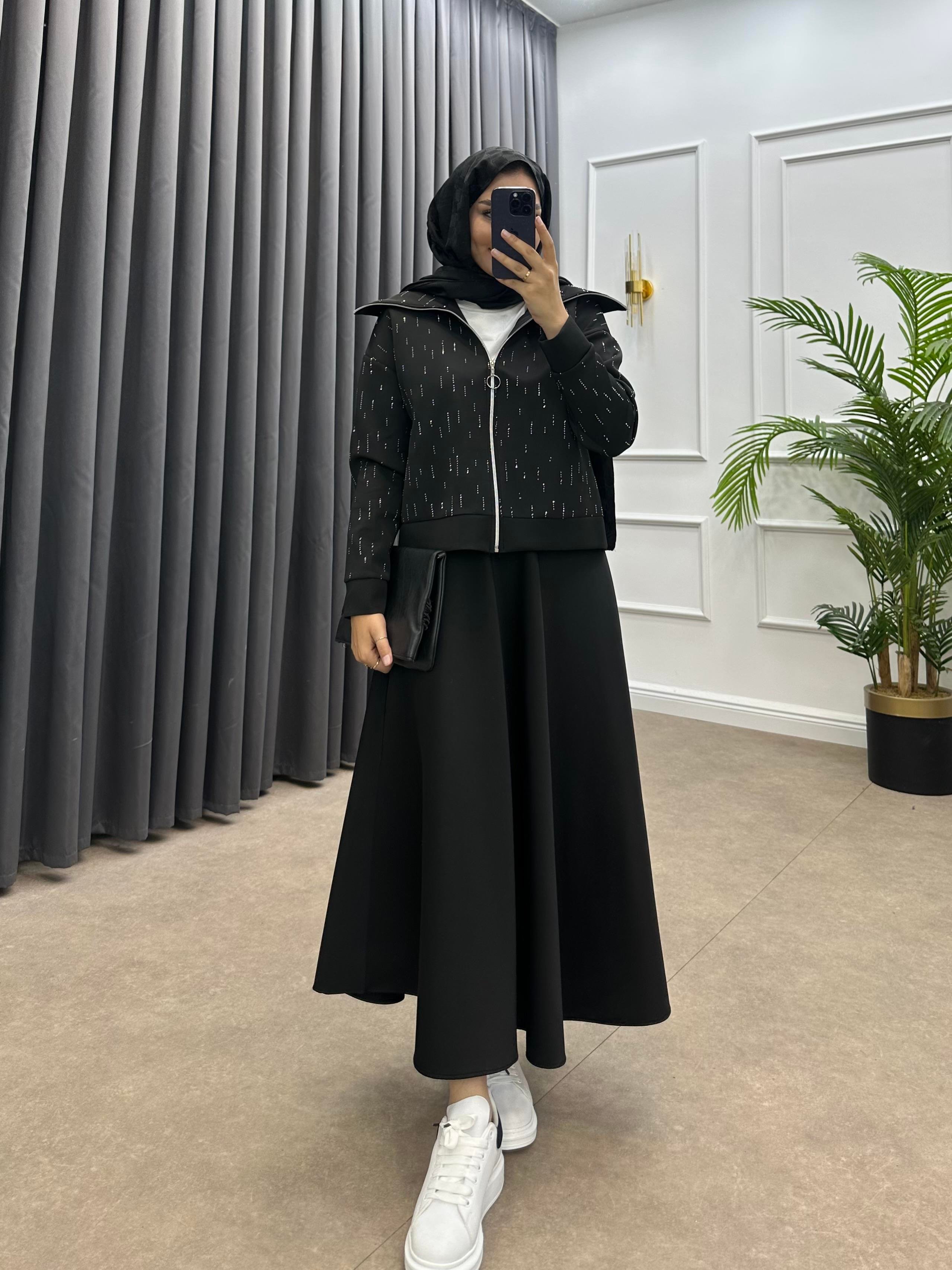 TAŞLI SCUBA ETEKLİ TAKIM SİYAH