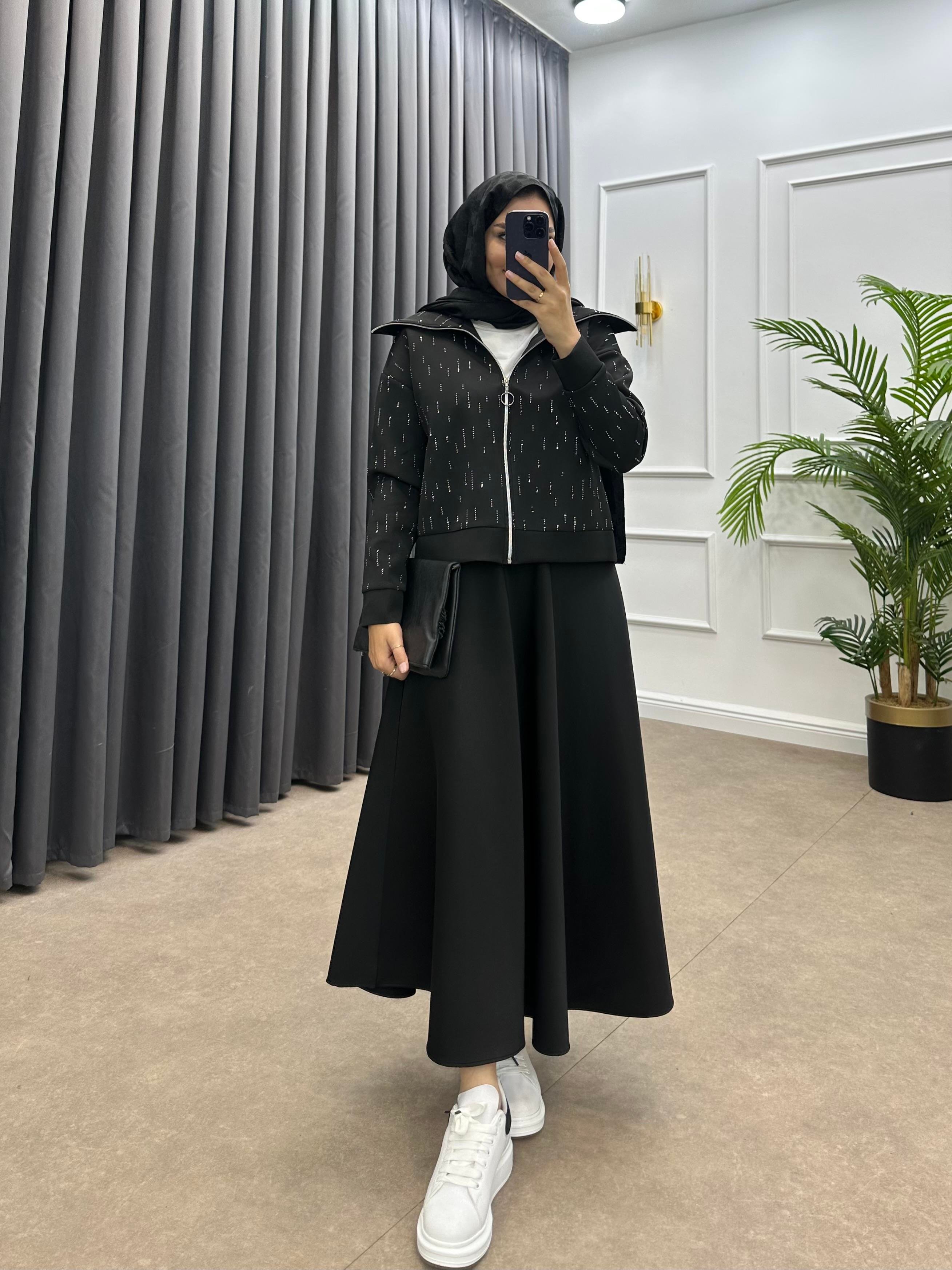 TAŞLI SCUBA ETEKLİ TAKIM SİYAH