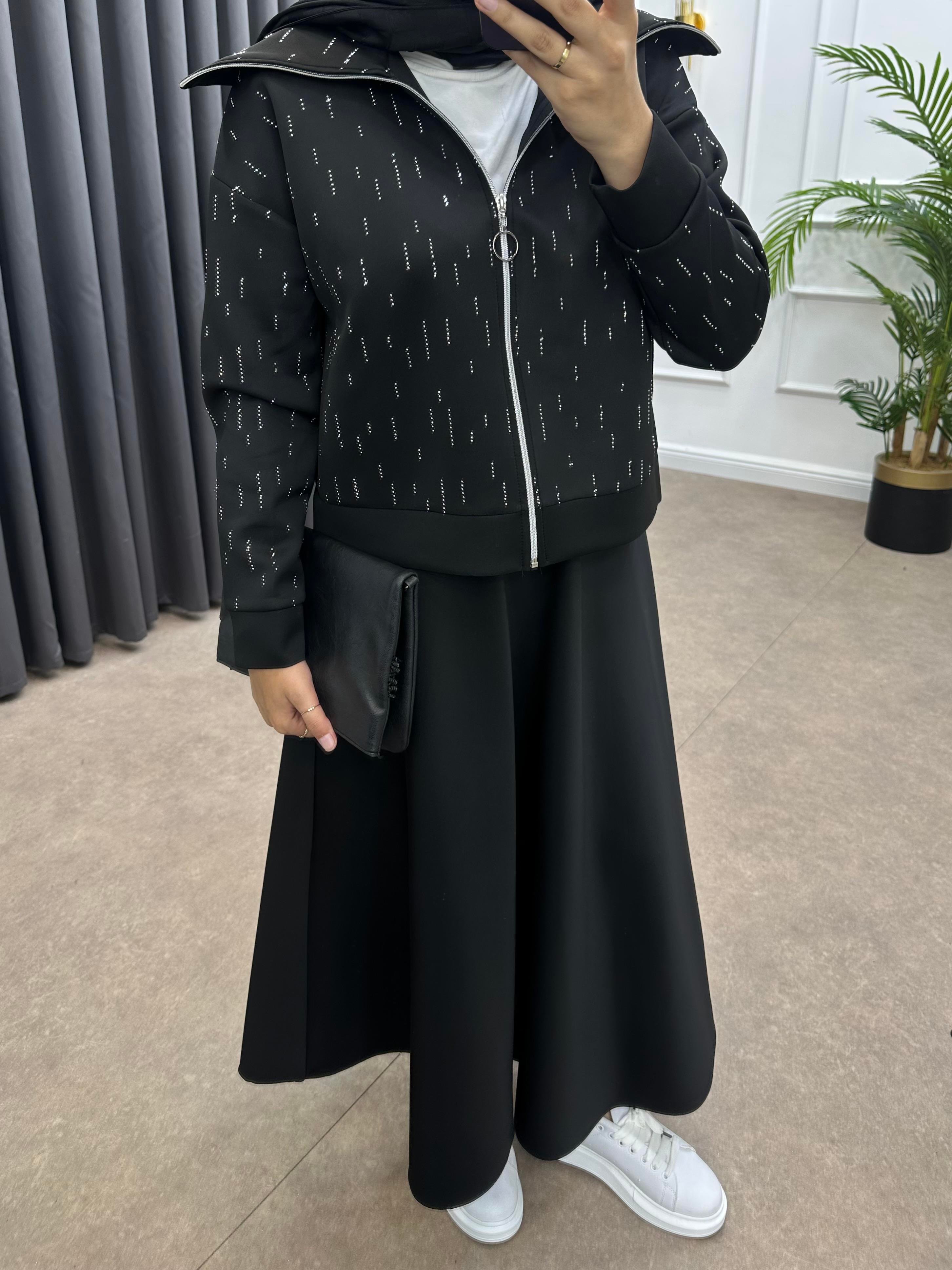 TAŞLI SCUBA ETEKLİ TAKIM SİYAH