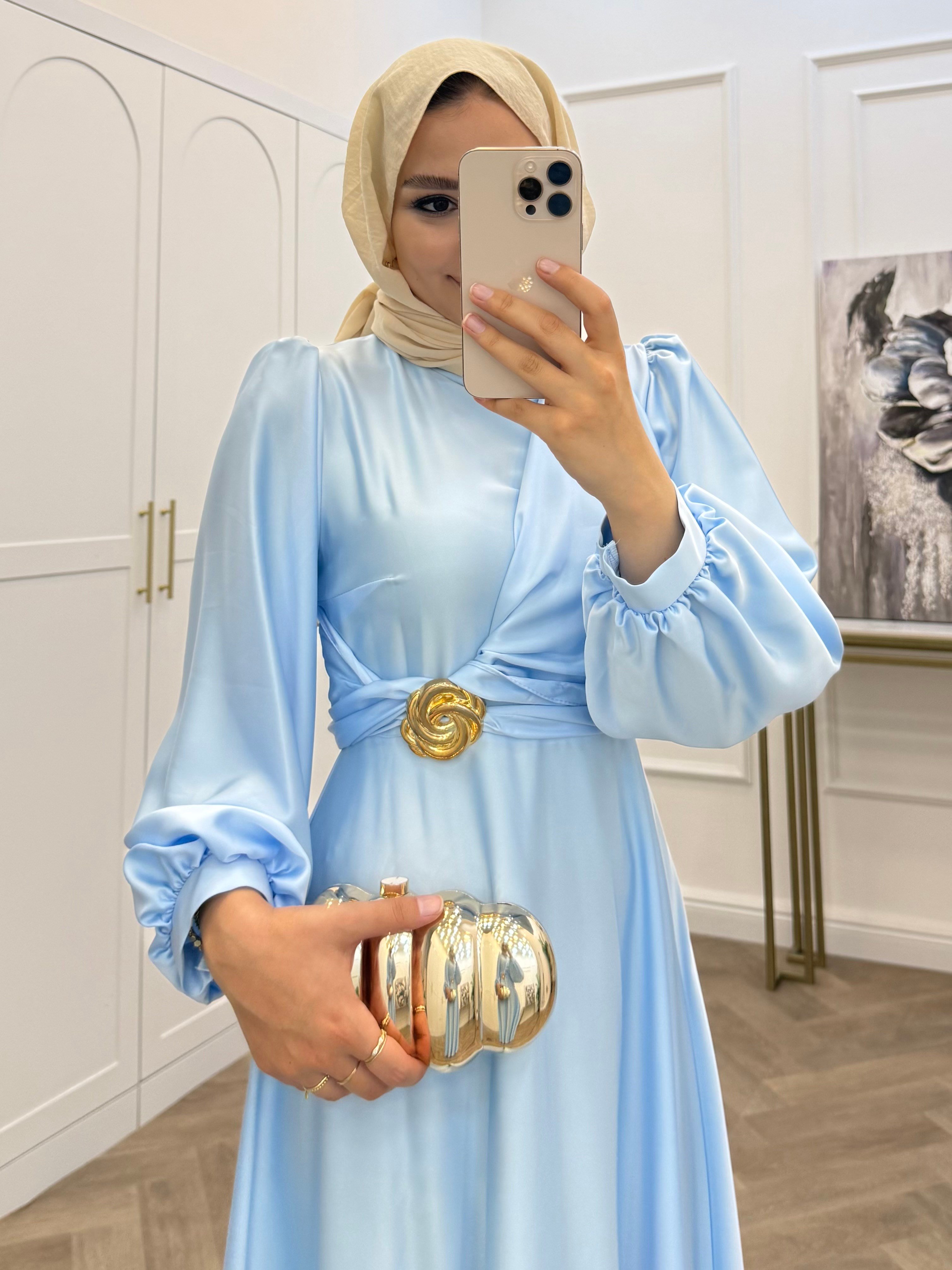 TOKALI SATEN ELBİSE BEBE MAVİSİ