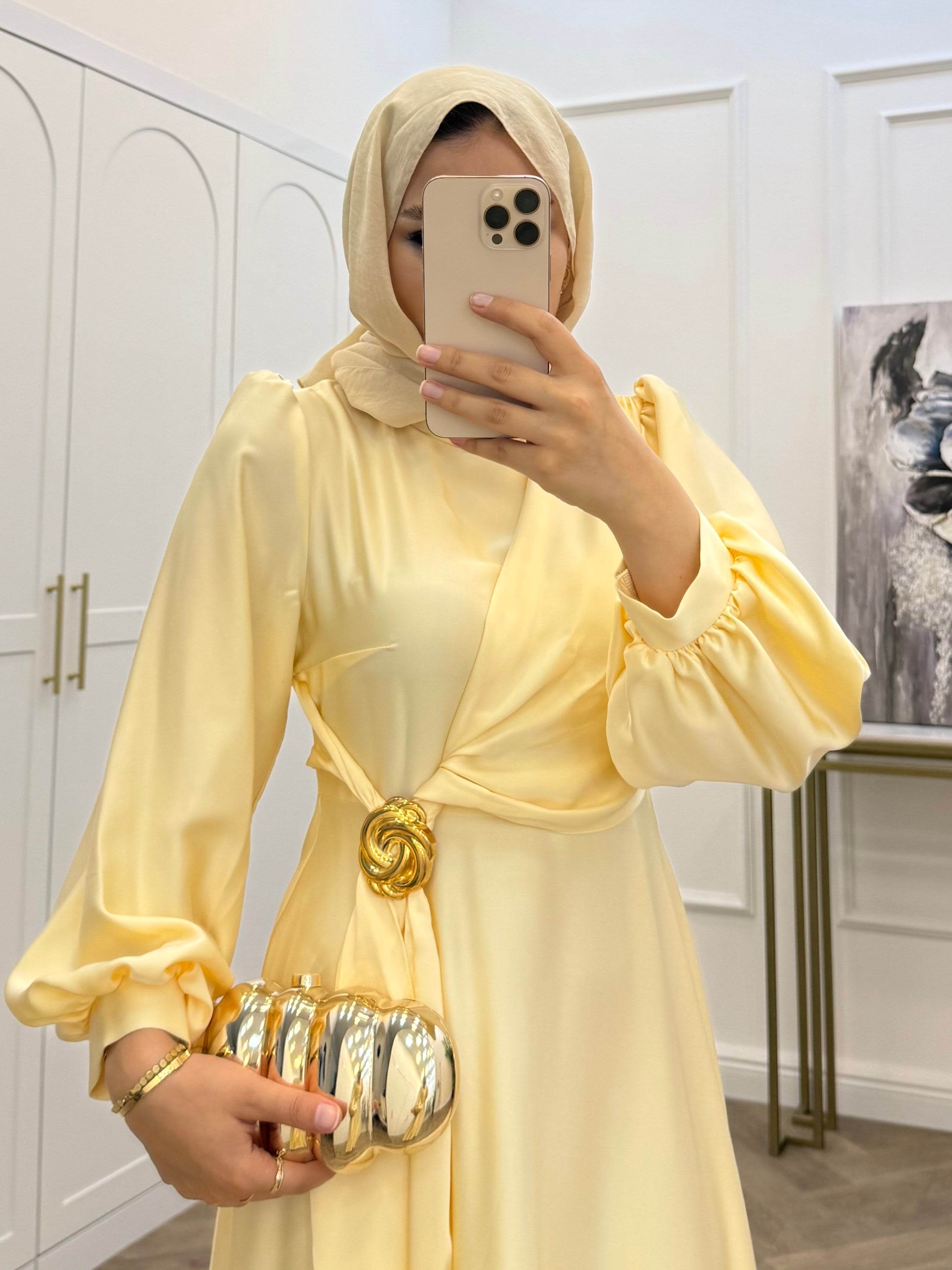 TOKALI SATEN ELBİSE SARI