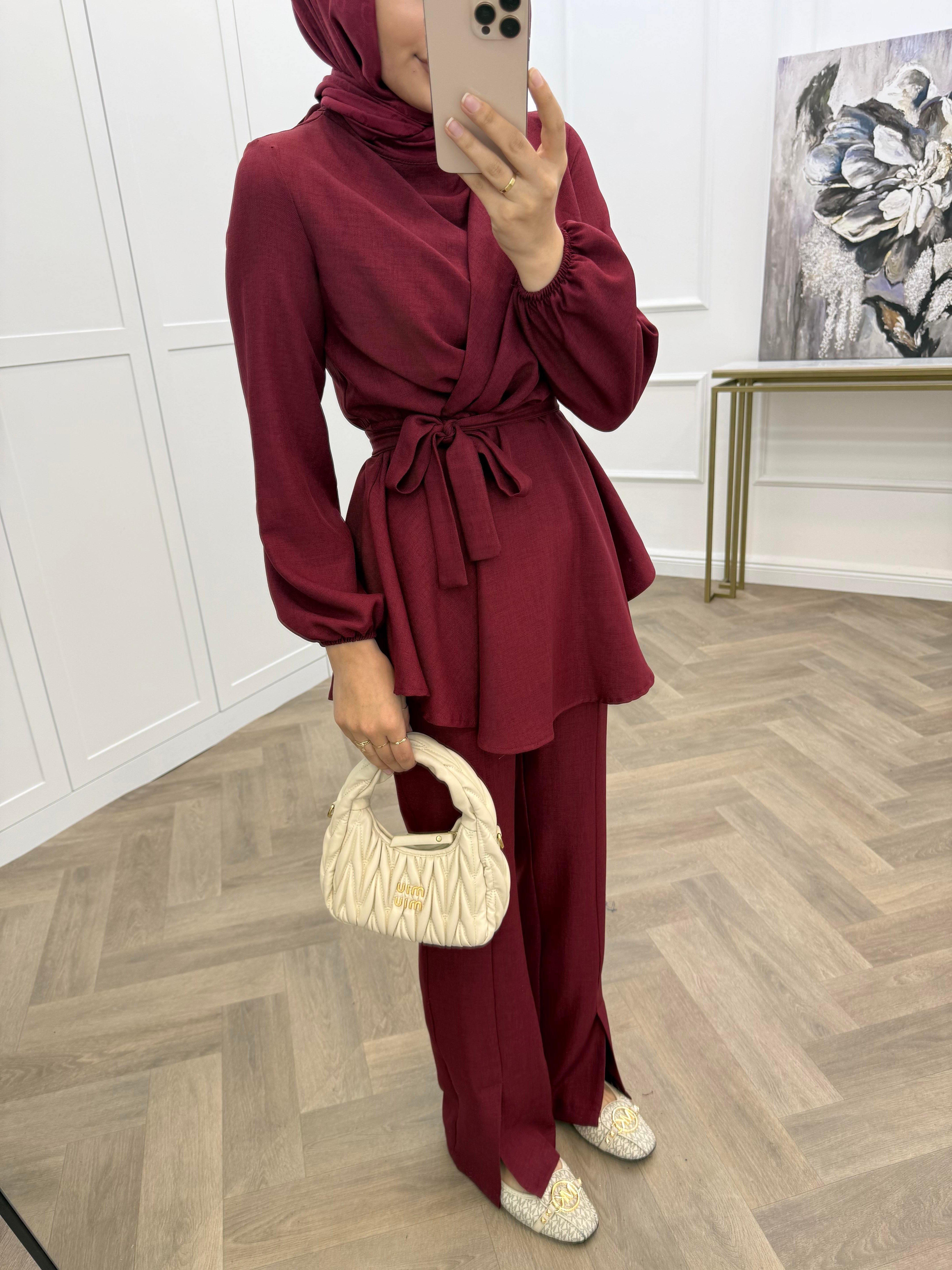 VERA BELİ LASTİKLİ PANTOLONLU TAKIM BORDO