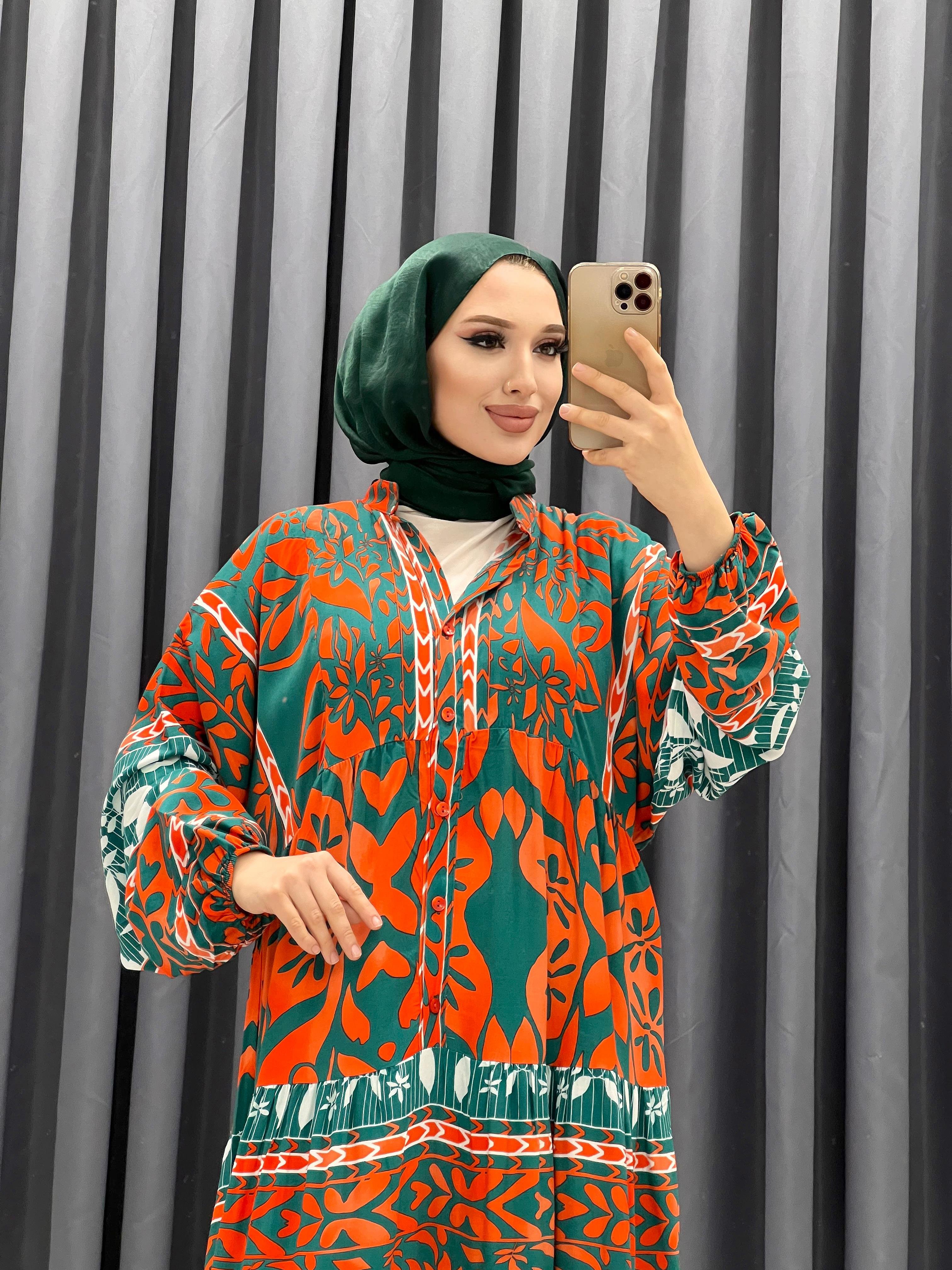 VİSKON DESENLİ ELBİSE ORANJ