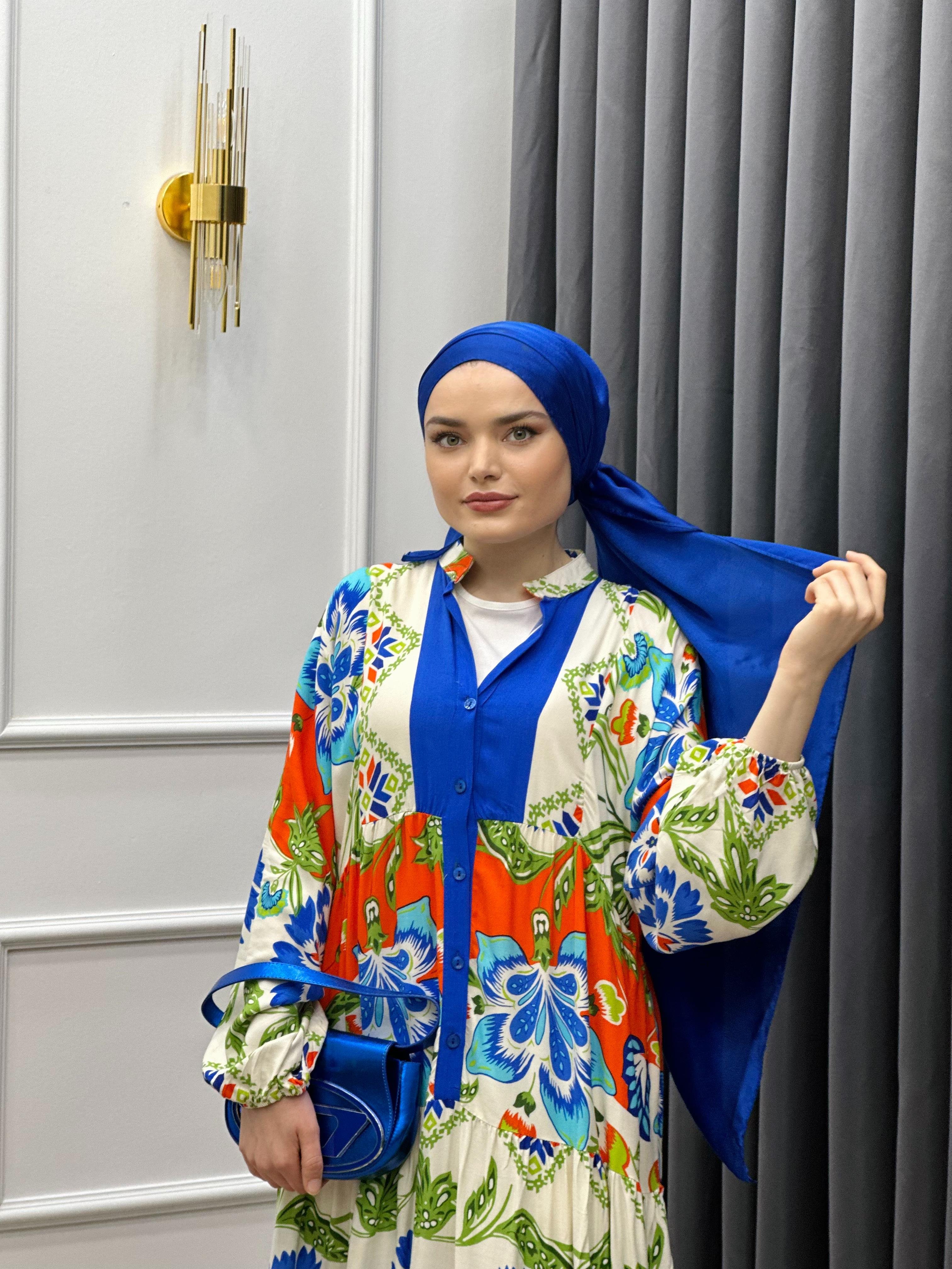 VİSKON DESENLİ ELBİSE SAKS