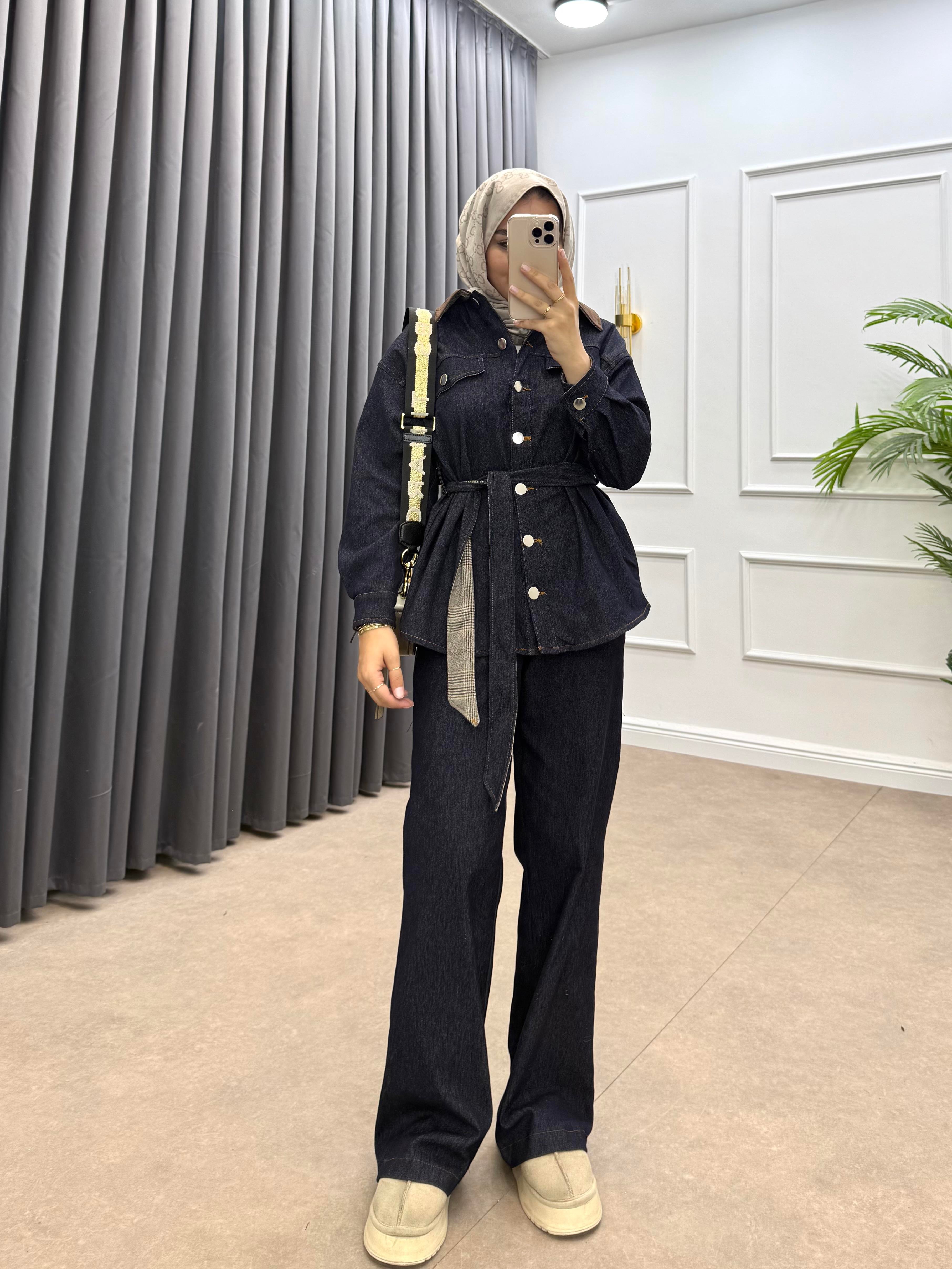 YAKASI SÜET DETAY KOT TAKIM LACİVERT