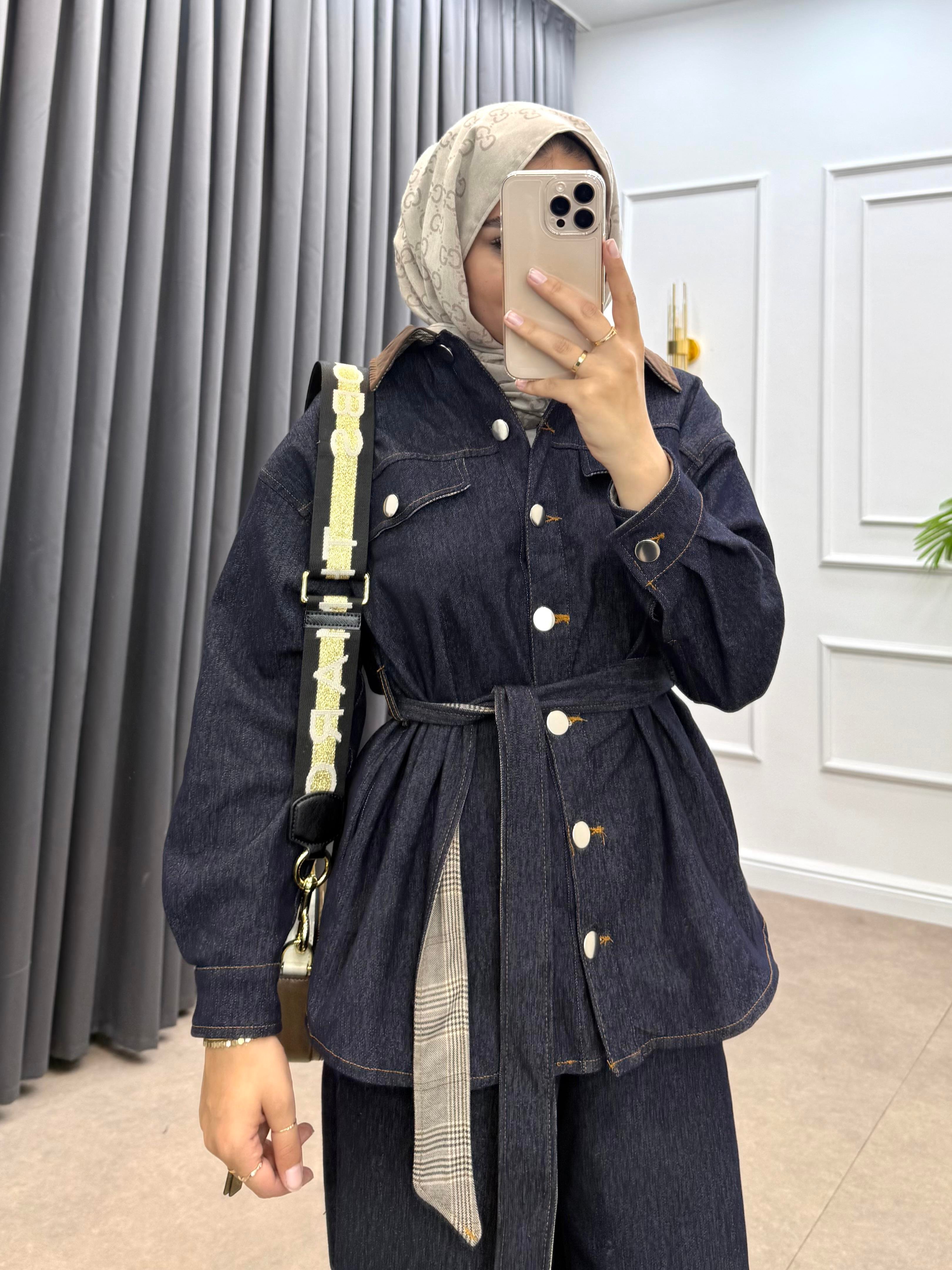 YAKASI SÜET DETAY KOT TAKIM LACİVERT