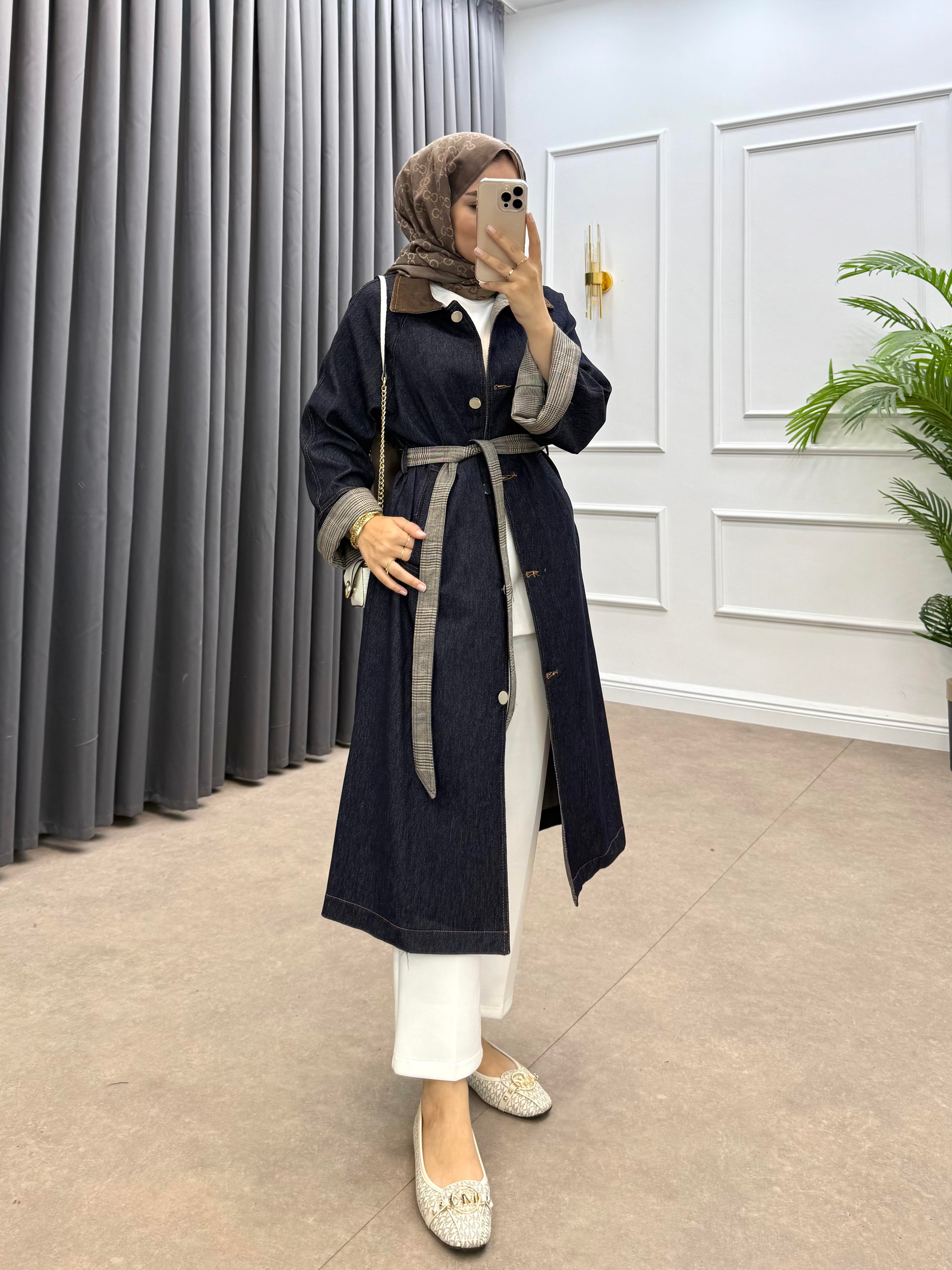 YAKASI SÜET DETAY KOT TRENÇKOT LACİVERT