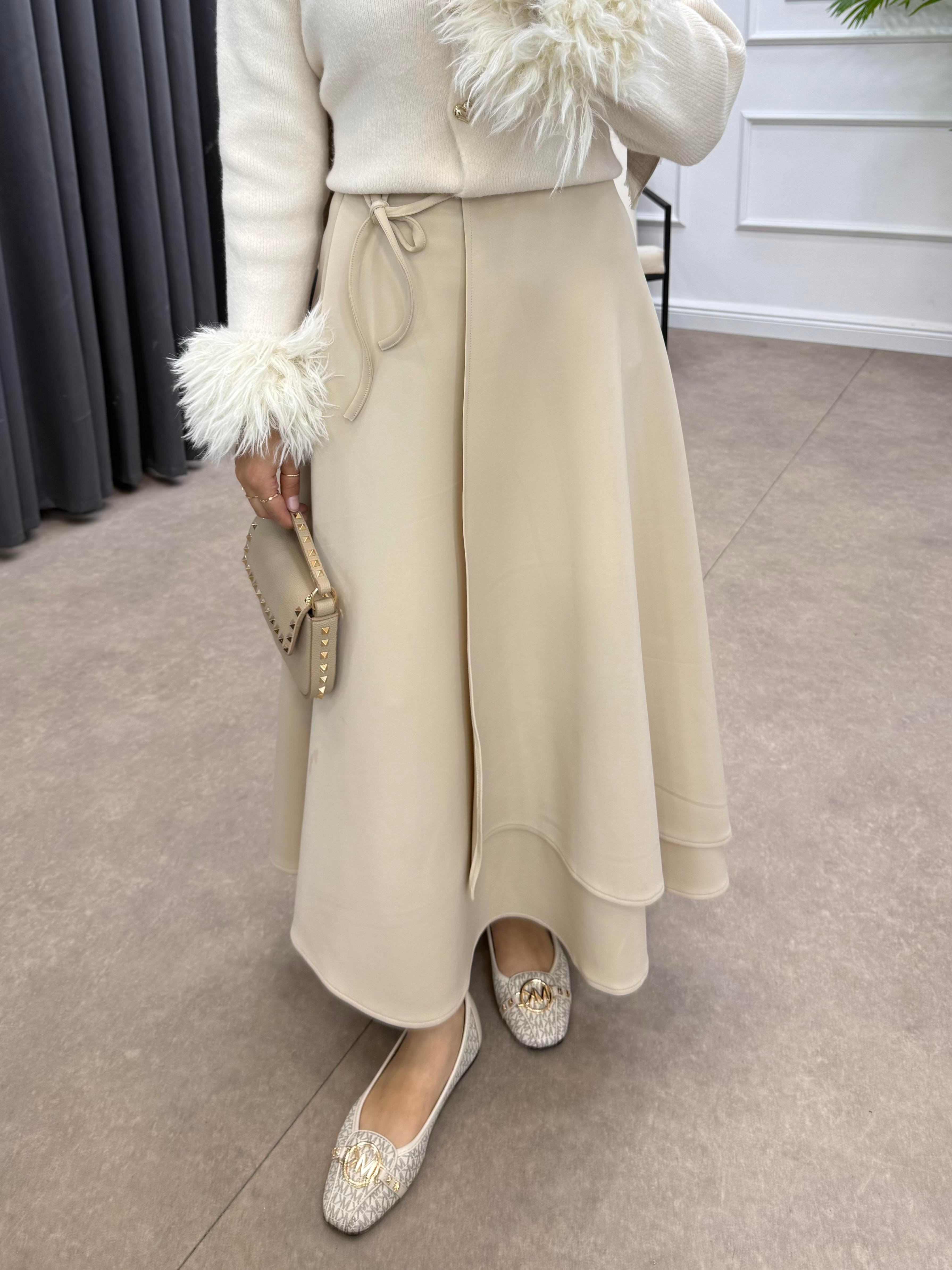 YANDAN İPLE BAĞLAMALI SCUBA ETEK BEJ