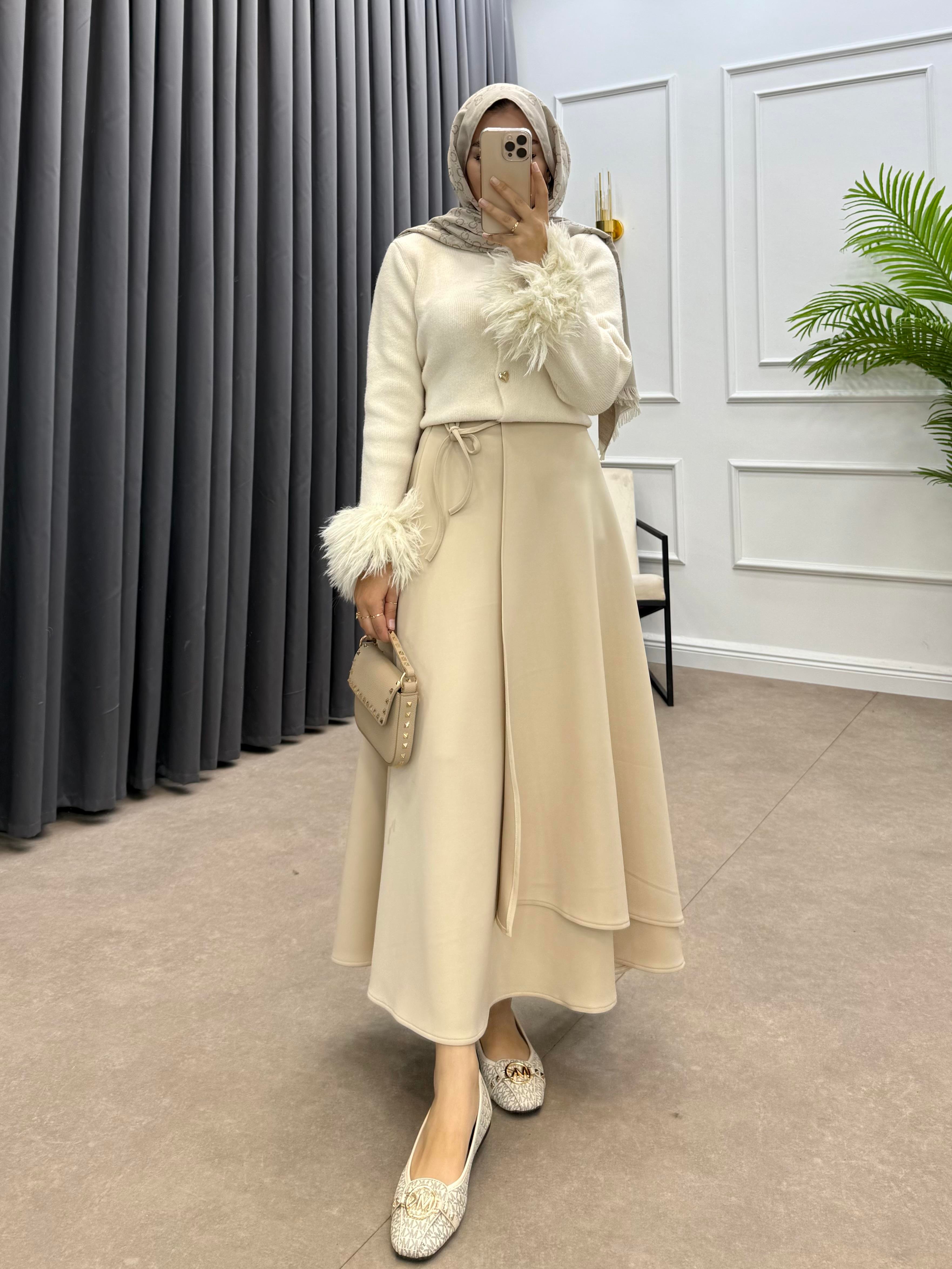 YANDAN İPLE BAĞLAMALI SCUBA ETEK BEJ