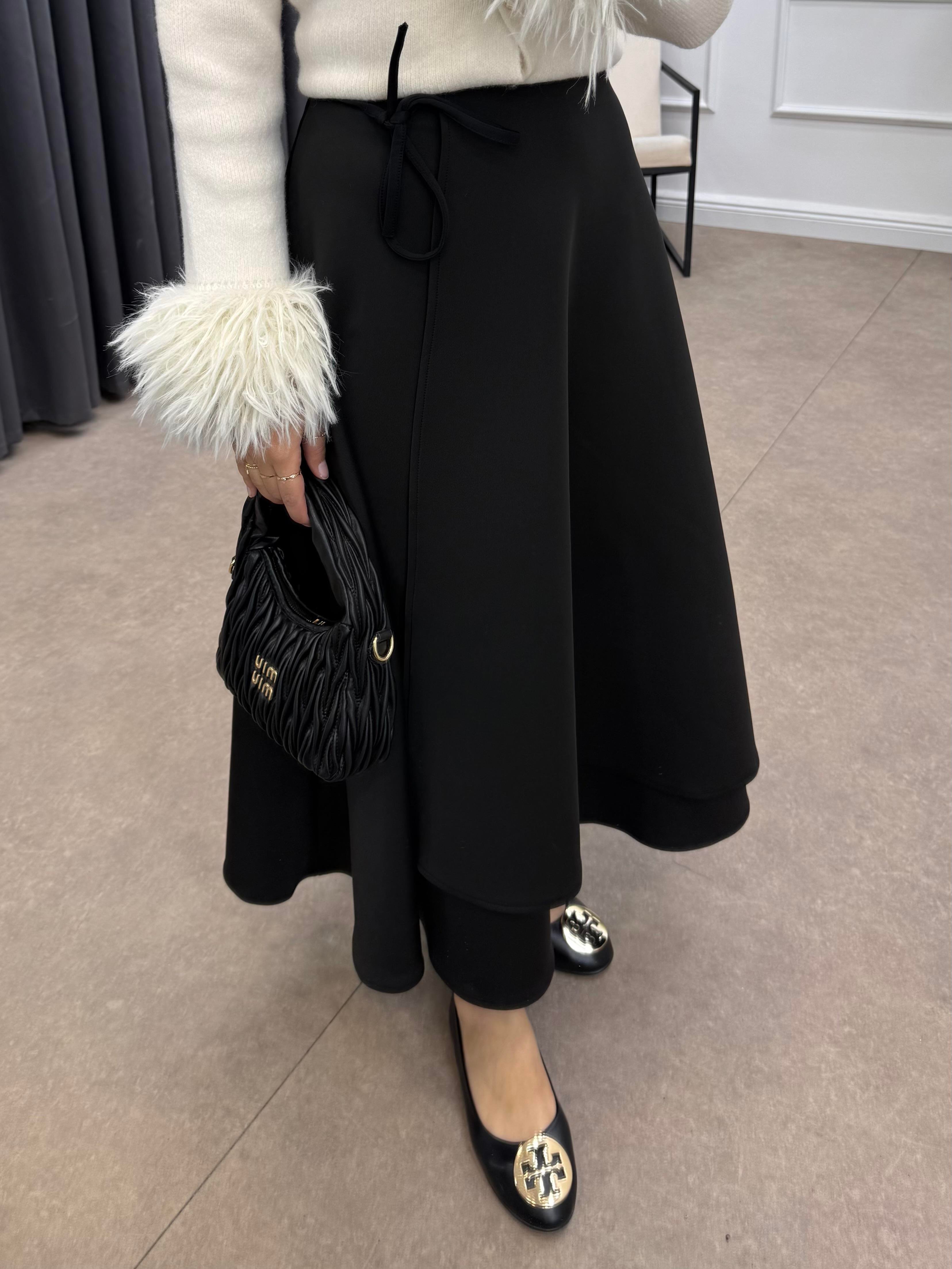 YANDAN İPLE BAĞLAMALI SCUBA ETEK  SİYAH