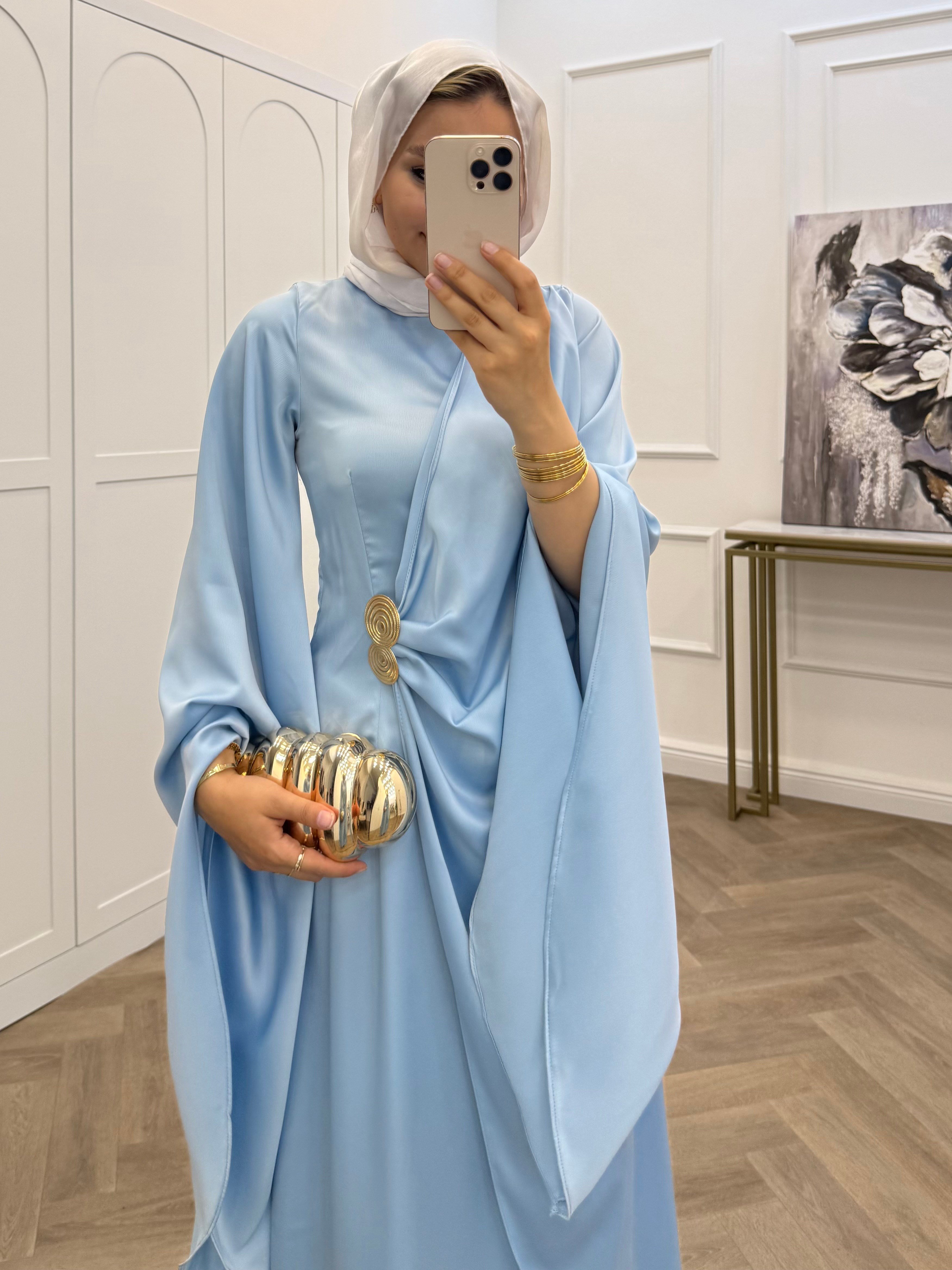 YARASA KOL GOLD TOKALI SATEN ELBİSE BEBE MAVİSİ