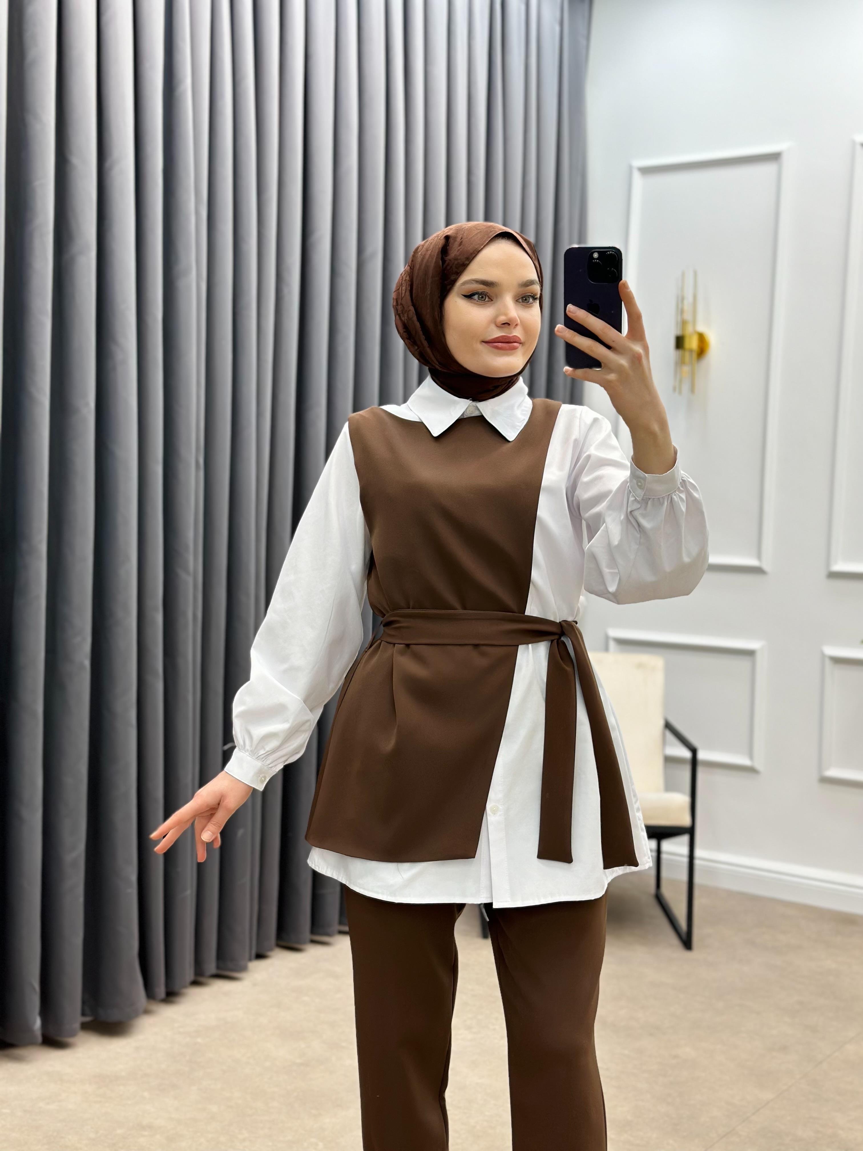 YELEKLİ GÖMLEKLİ ÜÇLÜ TAKIM KAHVE
