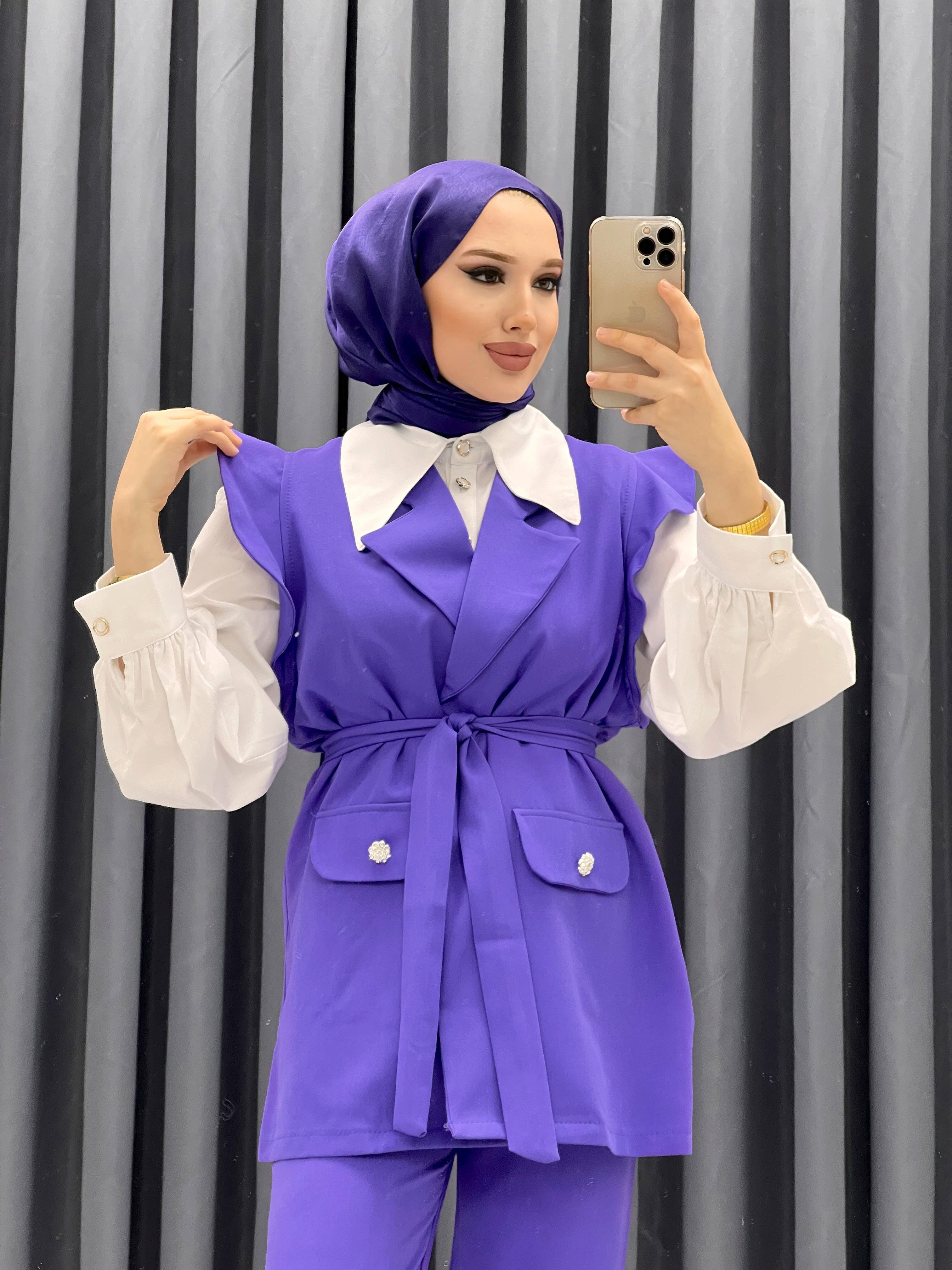 YELEKLİ PANTOLONLU TAKIM MOR