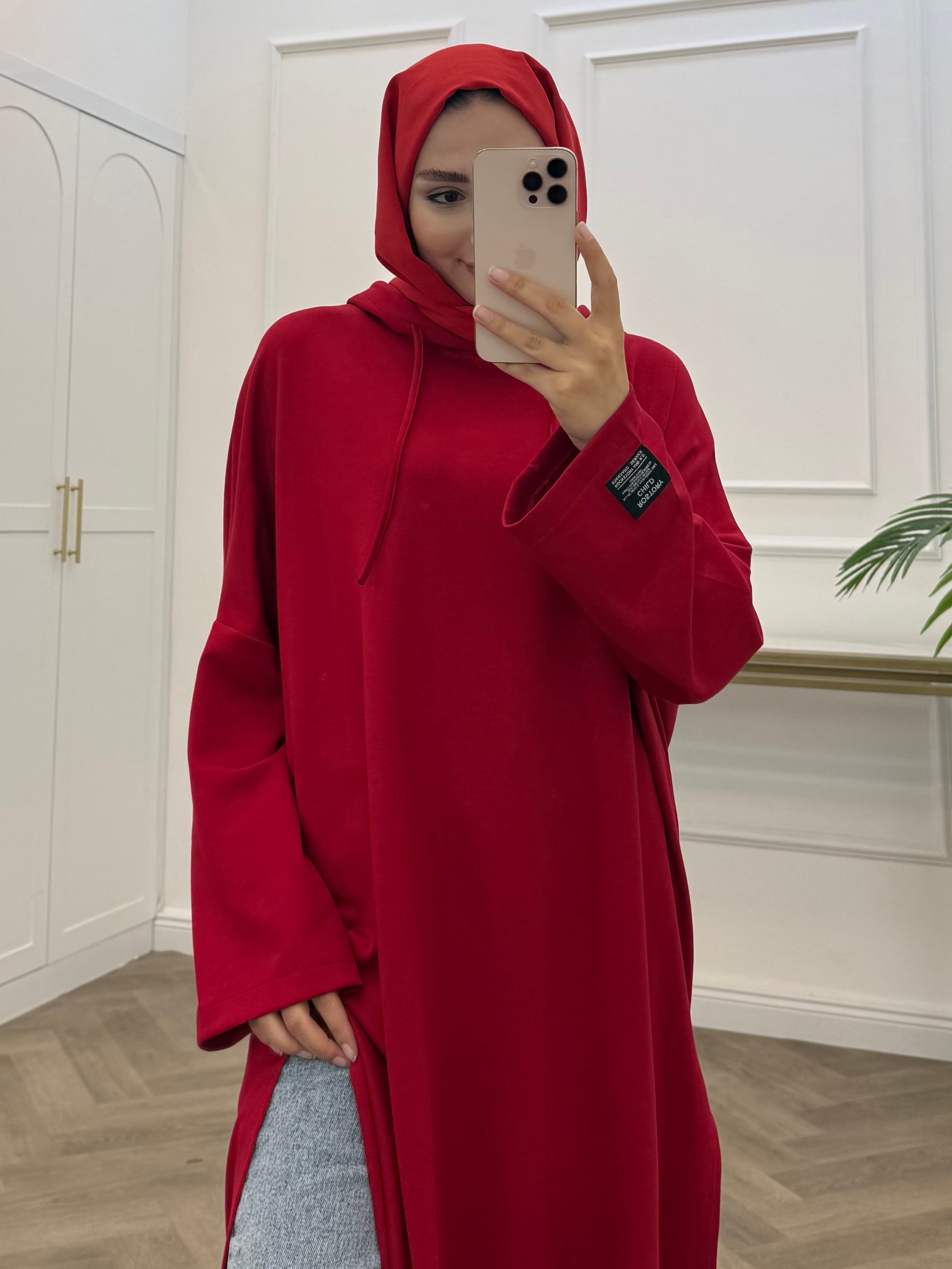 YIRTMAÇLI UZUN SWEAT ELBİSE KIRMIZI