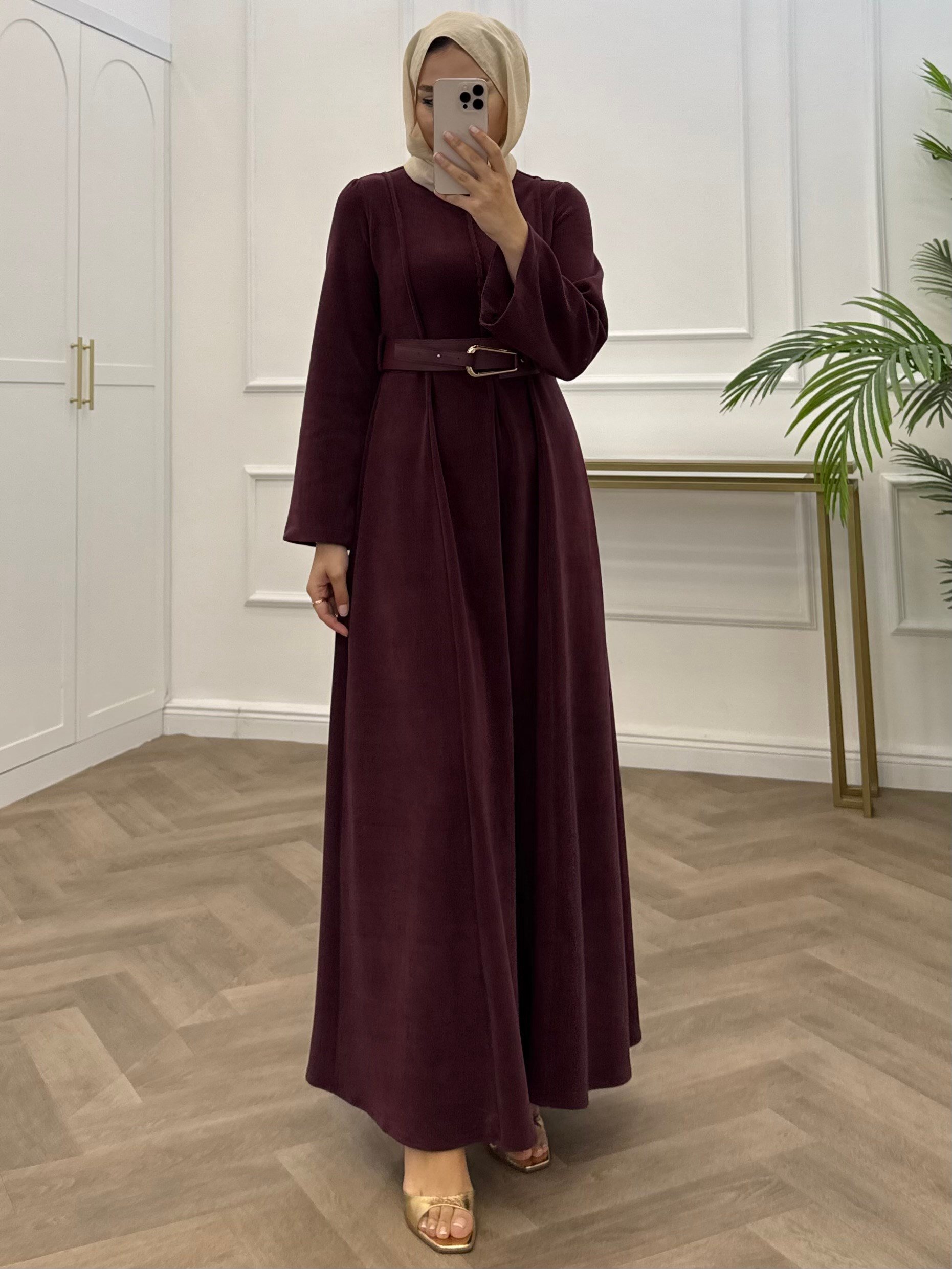 YUPİ KEMERLİ KADİFE ELBİSE BORDO