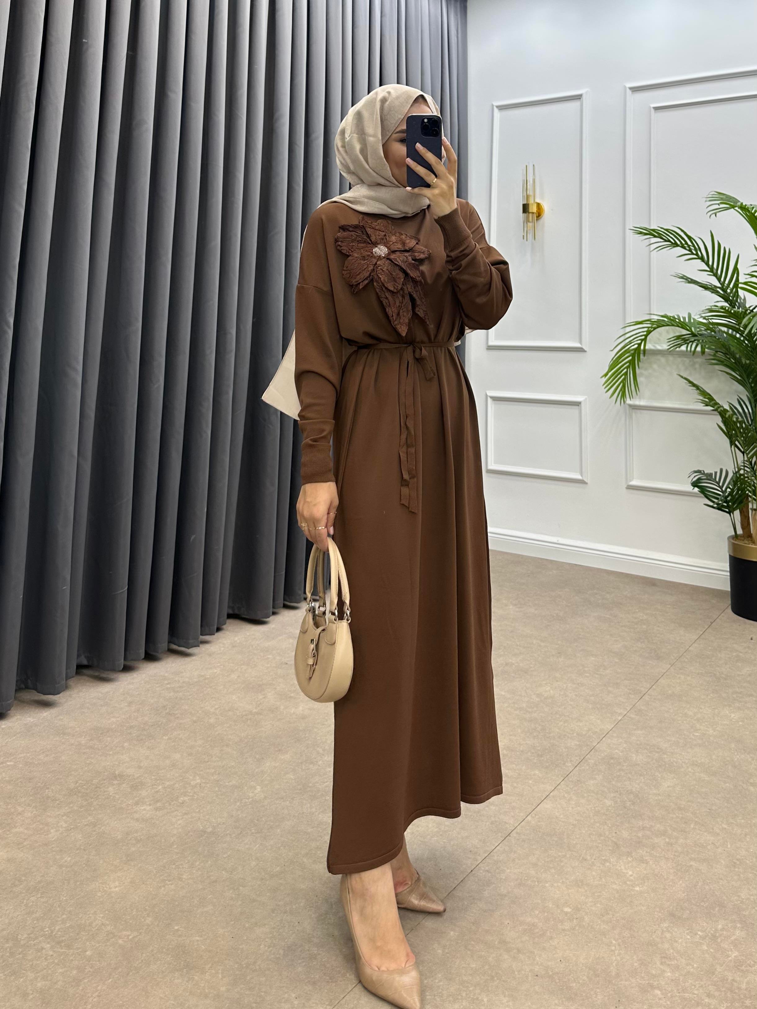 ZAMBAK MERSERİZE ELBİSE KAHVE