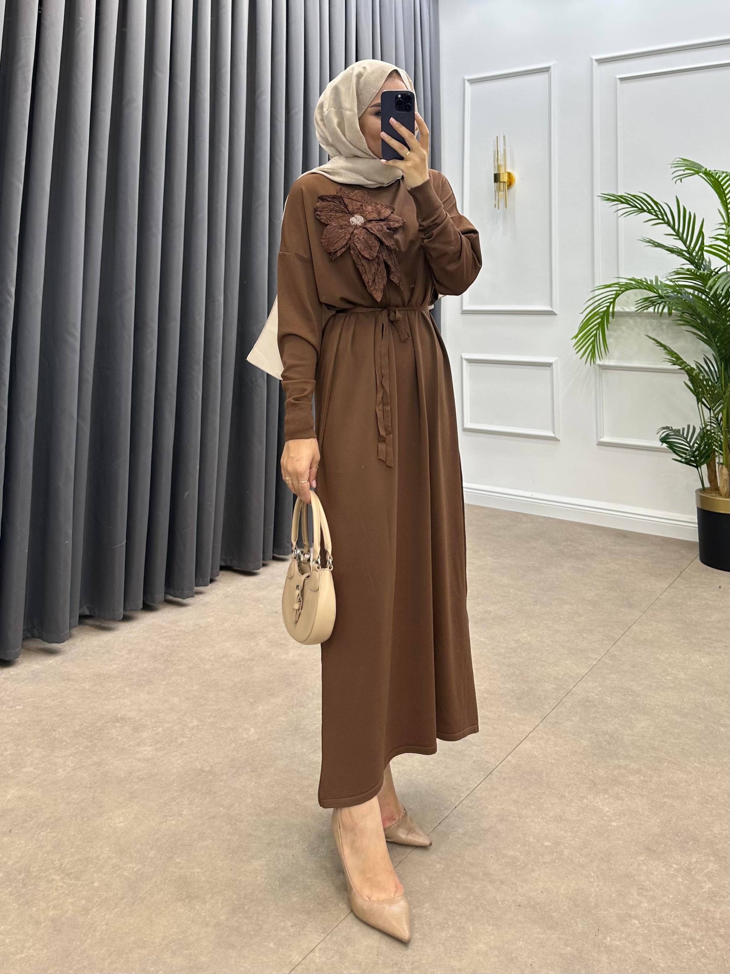 ZAMBAK MERSERİZE ELBİSE KAHVE