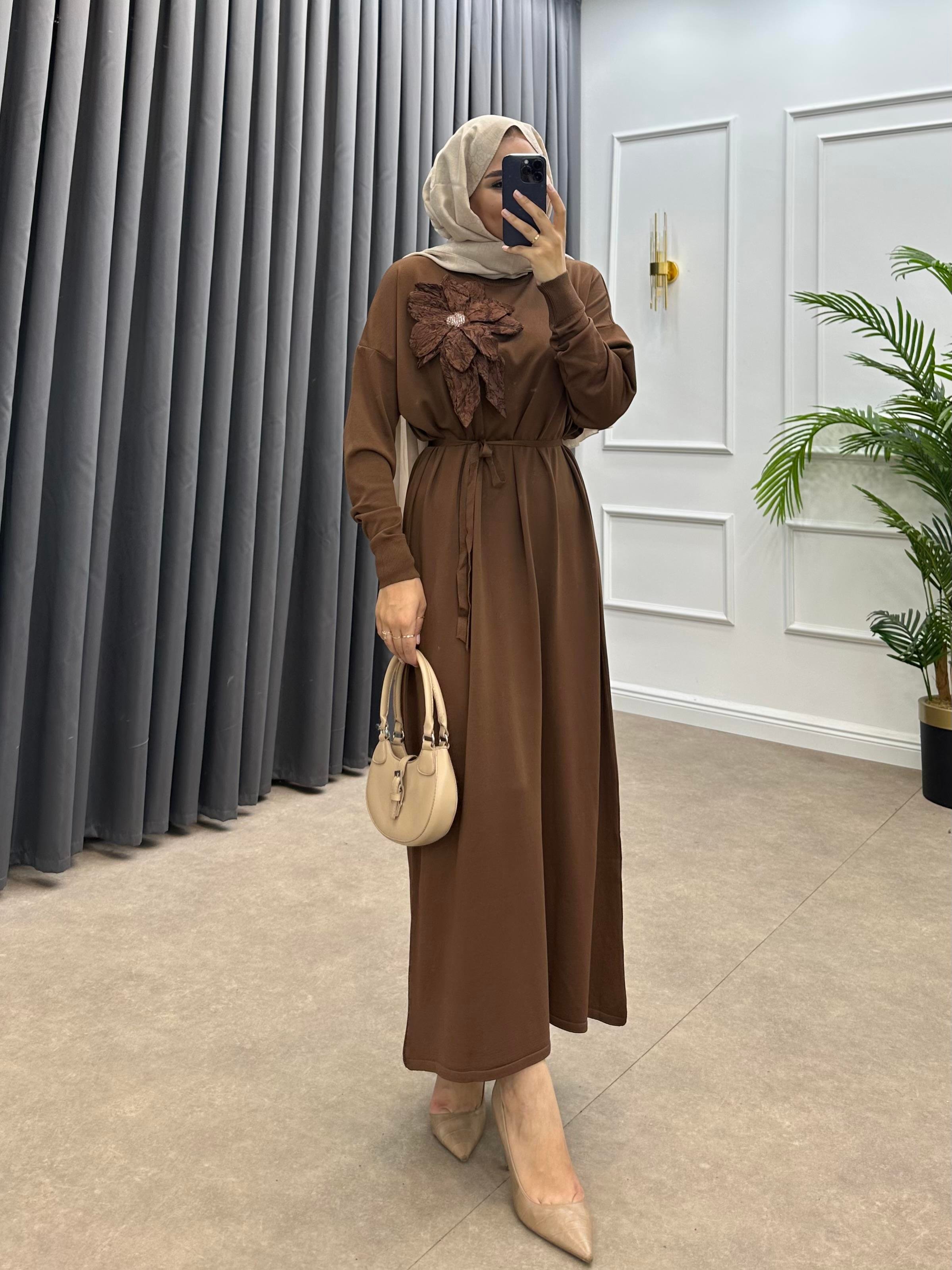 ZAMBAK MERSERİZE ELBİSE KAHVE