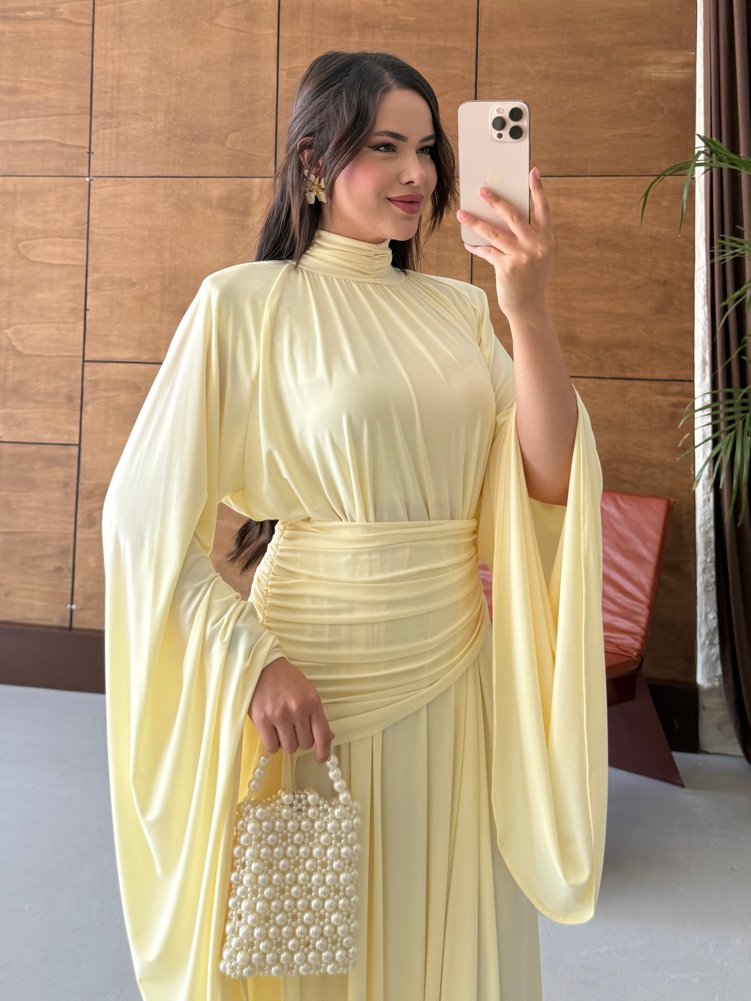 ZİYNET YARASA KOL SANDY ELBİSE SARI