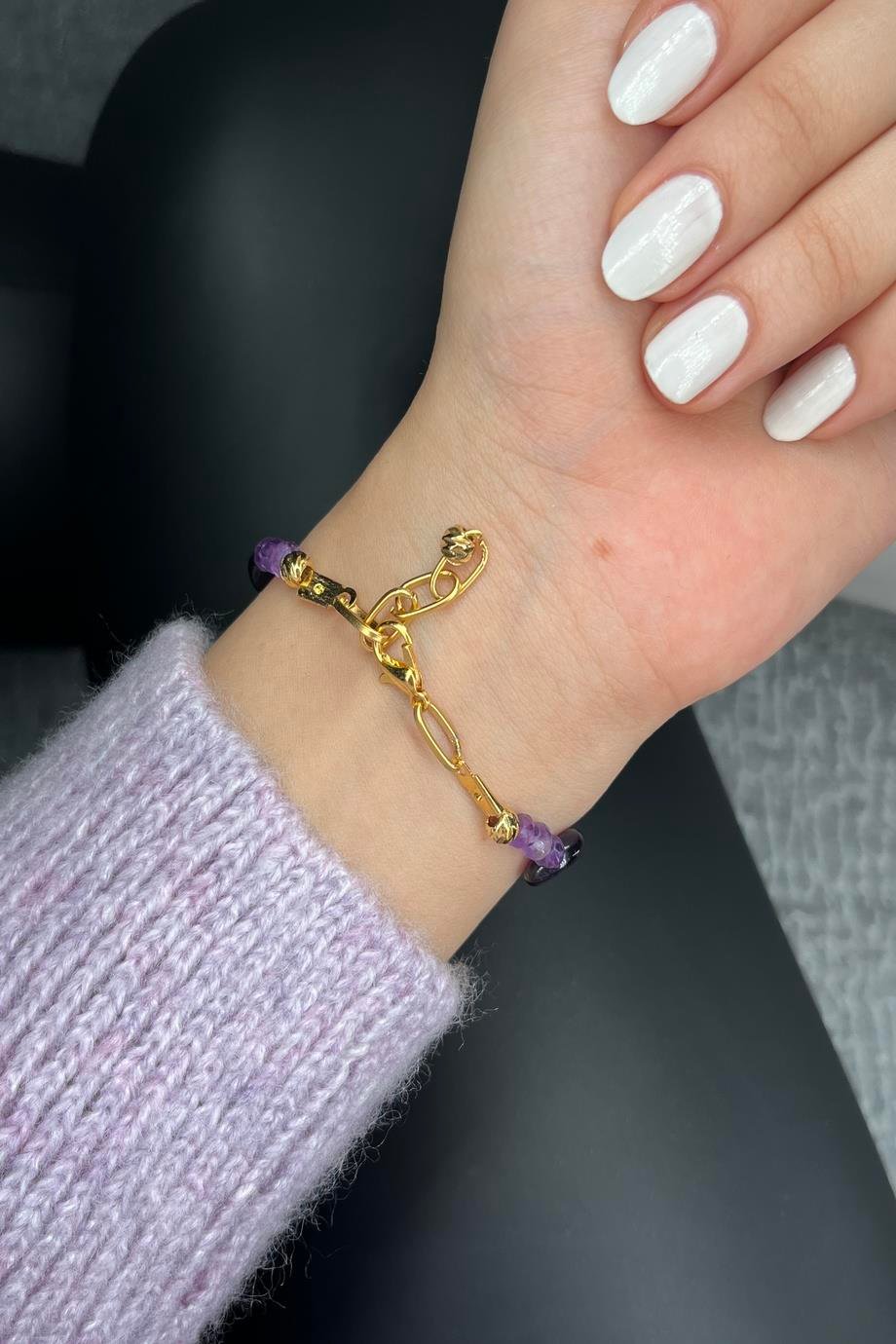 Ametist Oval Bileklik 24K Altın Kaplama