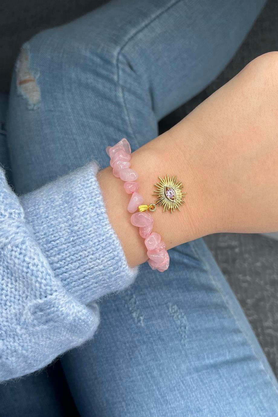 Pembe Kuvars Göz Bileklik 24K Altın Kaplama
