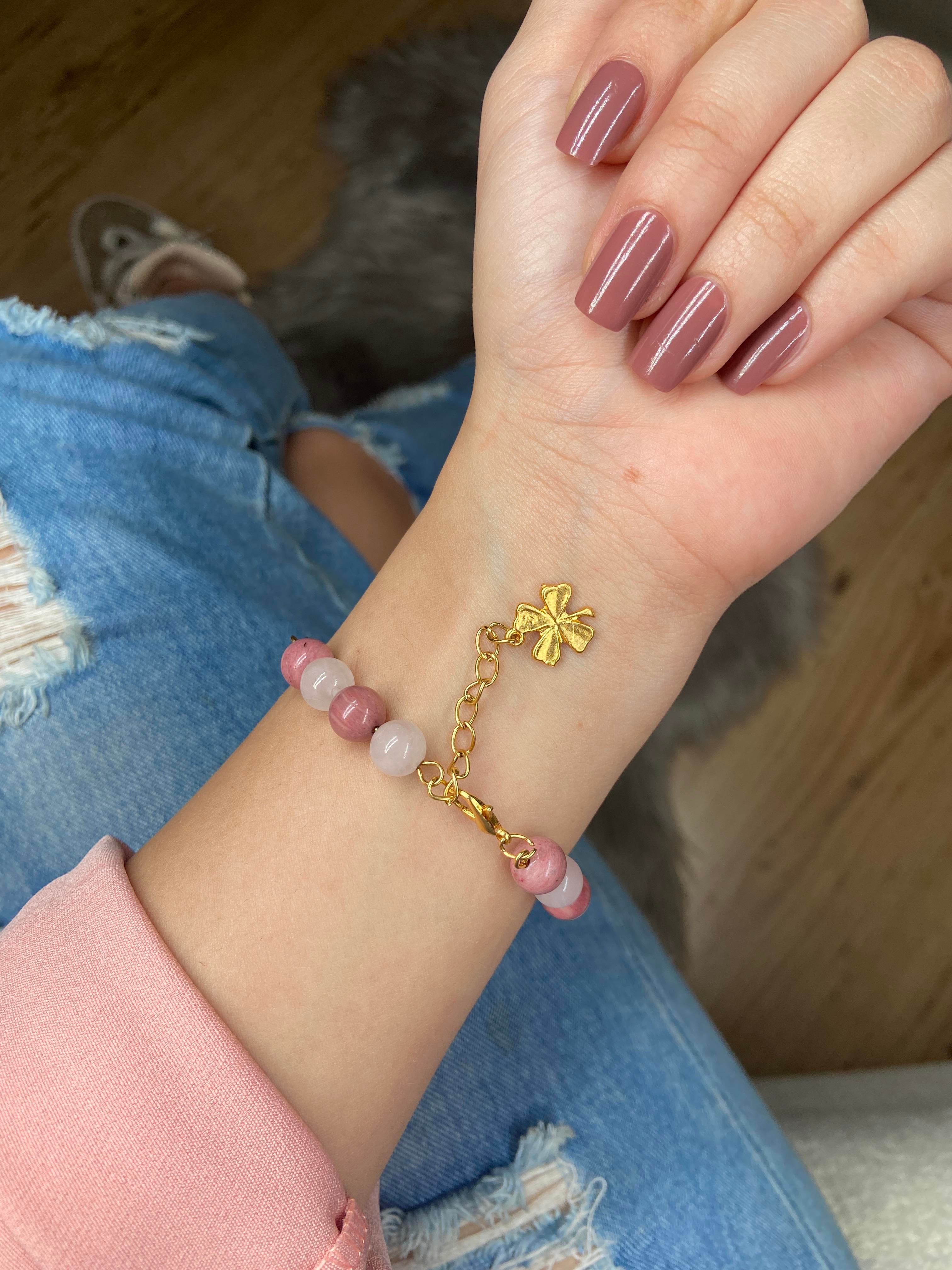 Pembe Kuvars & Rodonit Doğal Taş Bileklik 24K Altın Kaplama