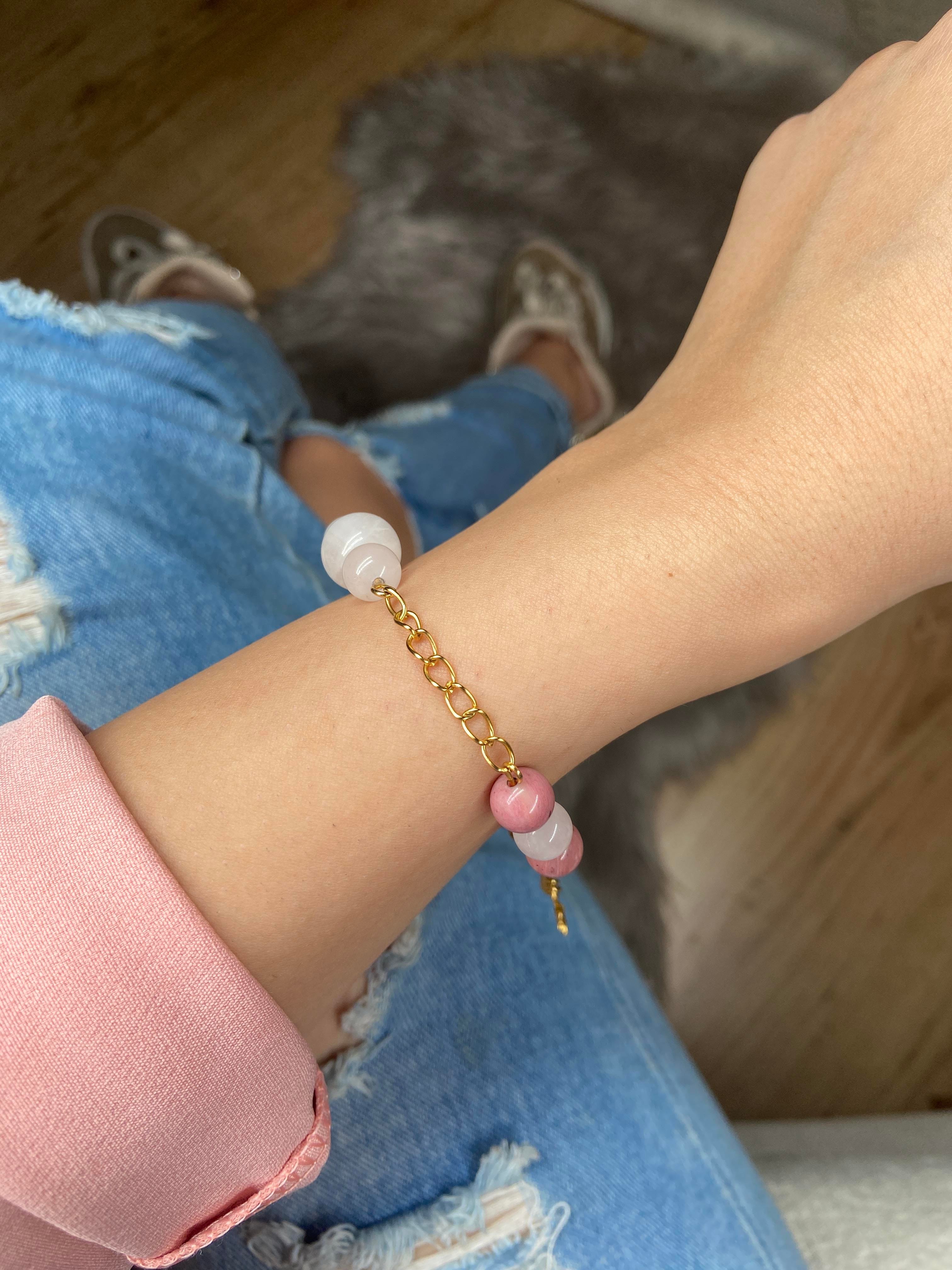 Pembe Kuvars & Rodonit Doğal Taş Bileklik 24K Altın Kaplama