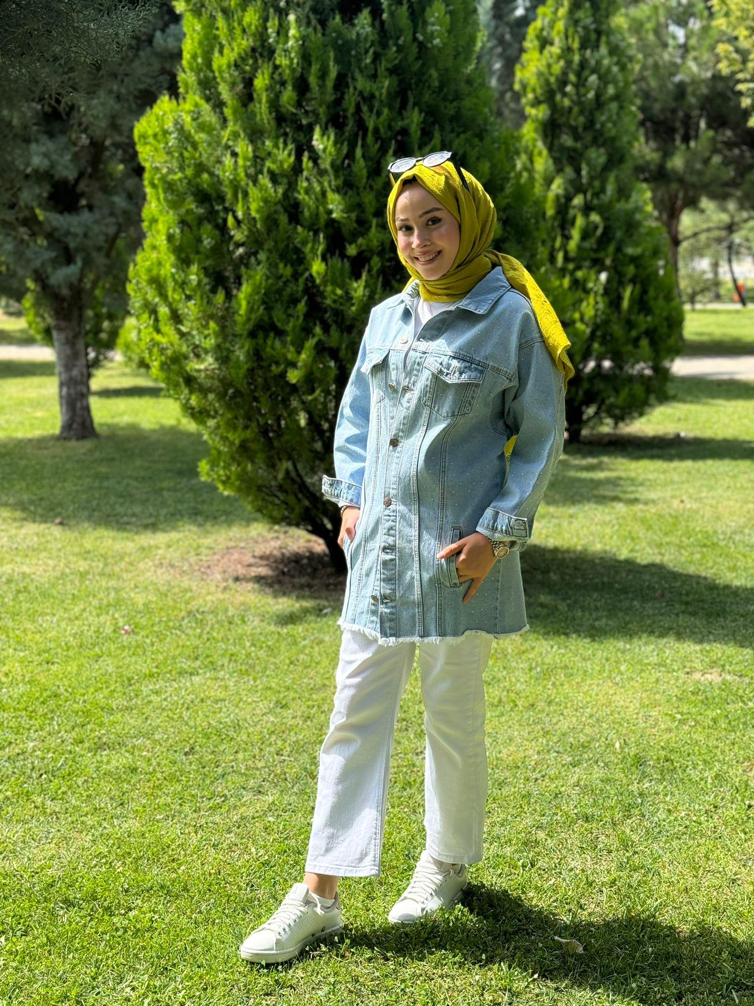 İşlemeli Kot Ceket Mavi