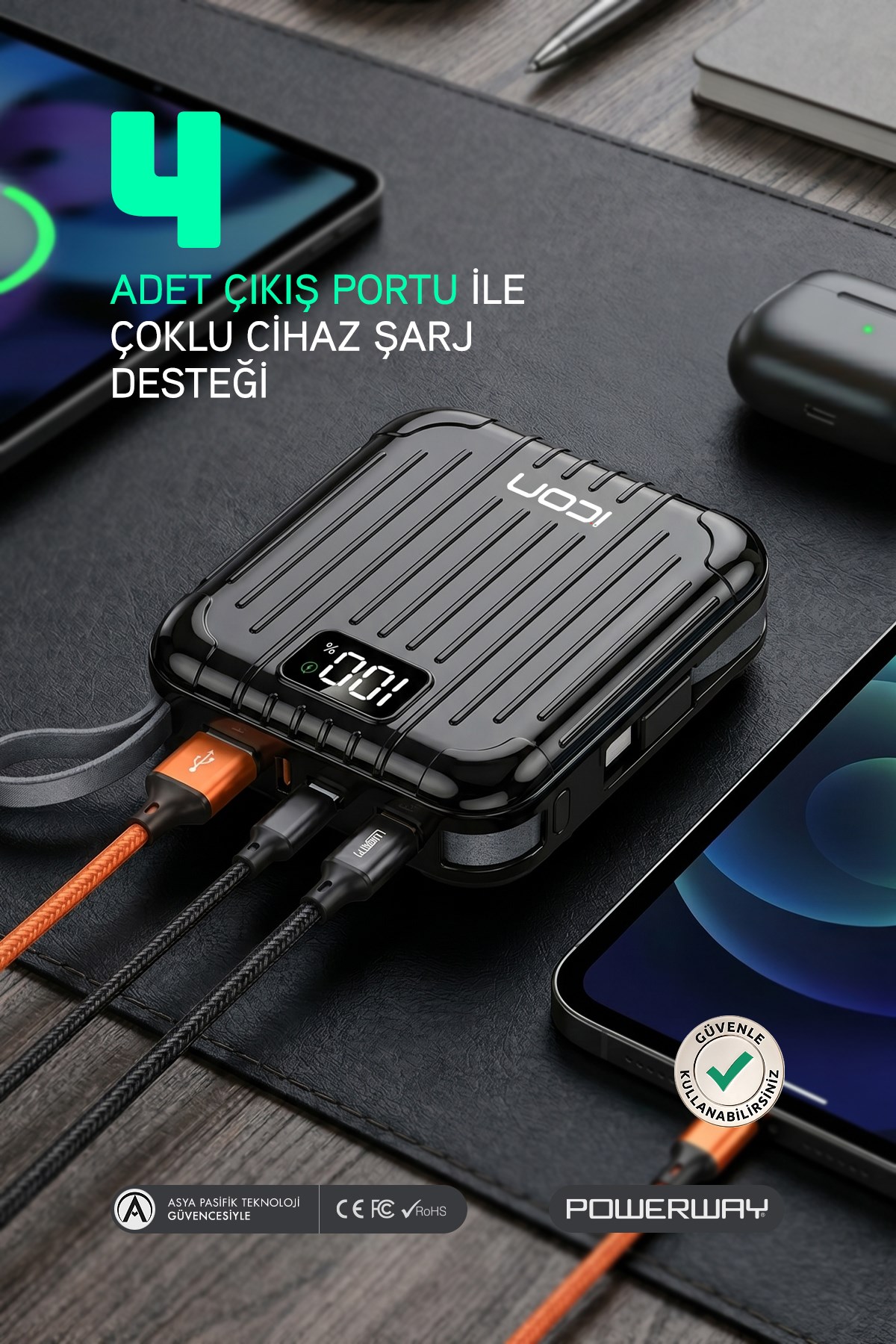 10.000 mAh PD 22.5 W Hızlı Şarj Gerçek 10.000 mAh Garantili Led Fener Dijital ICon Powerbank