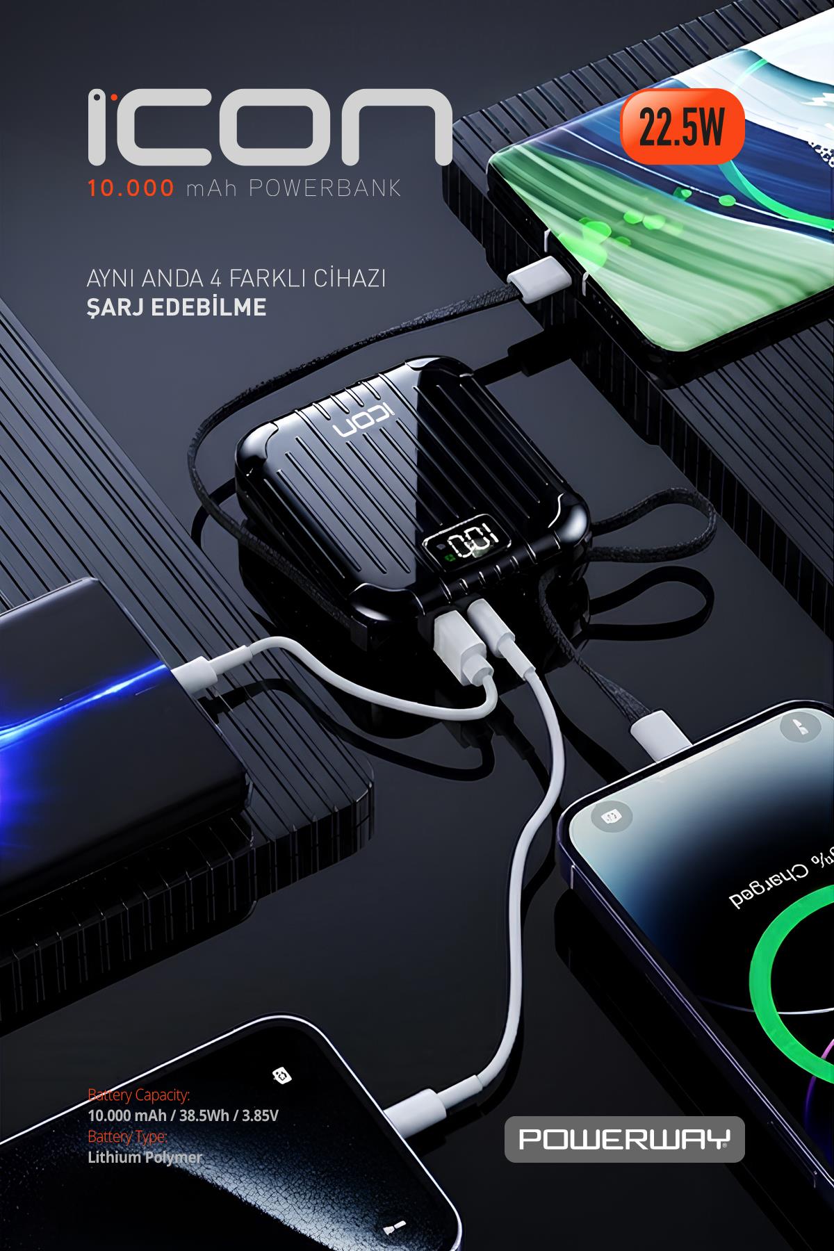 10.000 mAh PD 22.5 W Hızlı Şarj Gerçek 10.000 mAh Garantili Led Fener Dijital ICon Powerbank