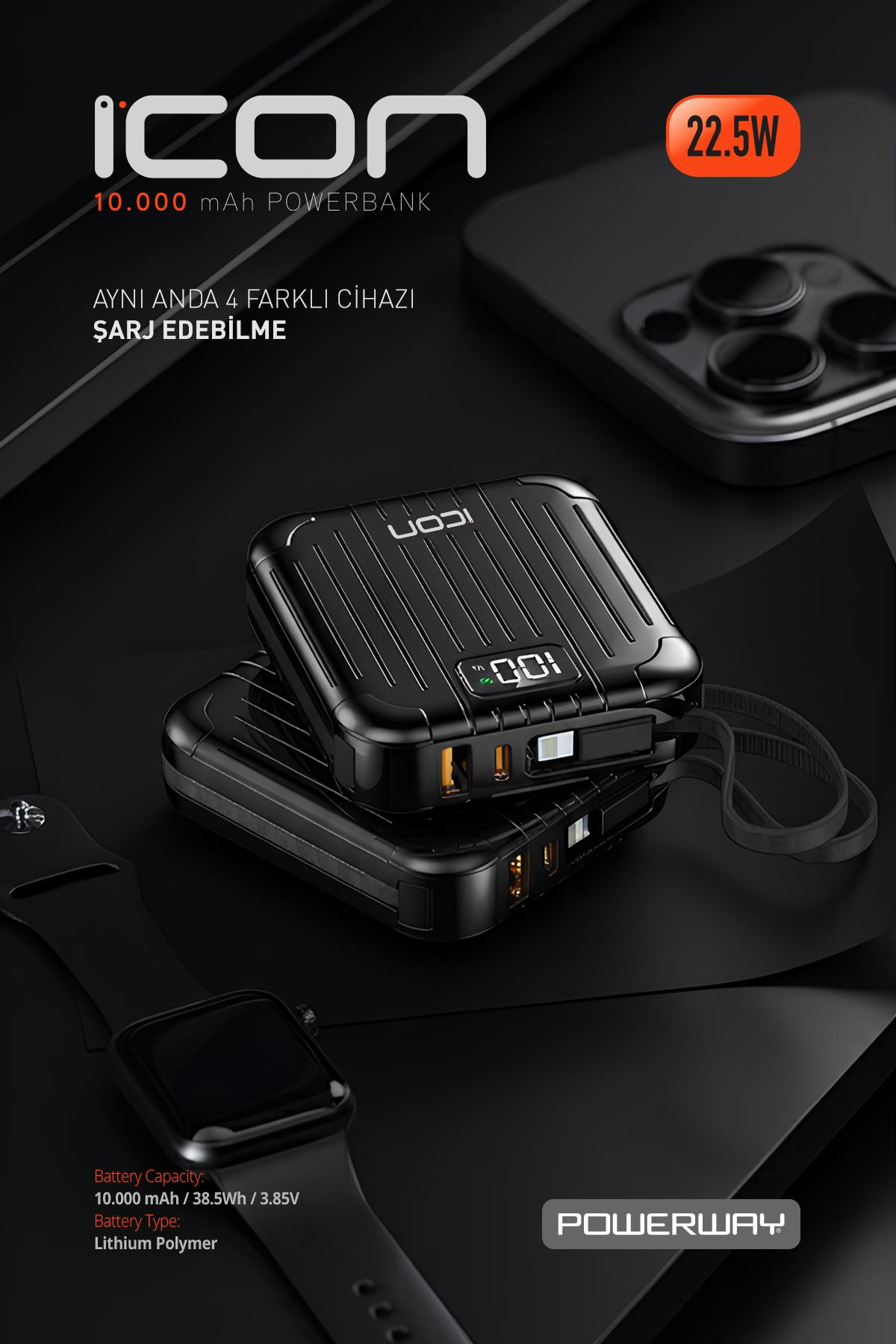 10.000 mAh PD 22.5 W Hızlı Şarj Gerçek 10.000 mAh Garantili Led Fener Dijital ICon Powerbank