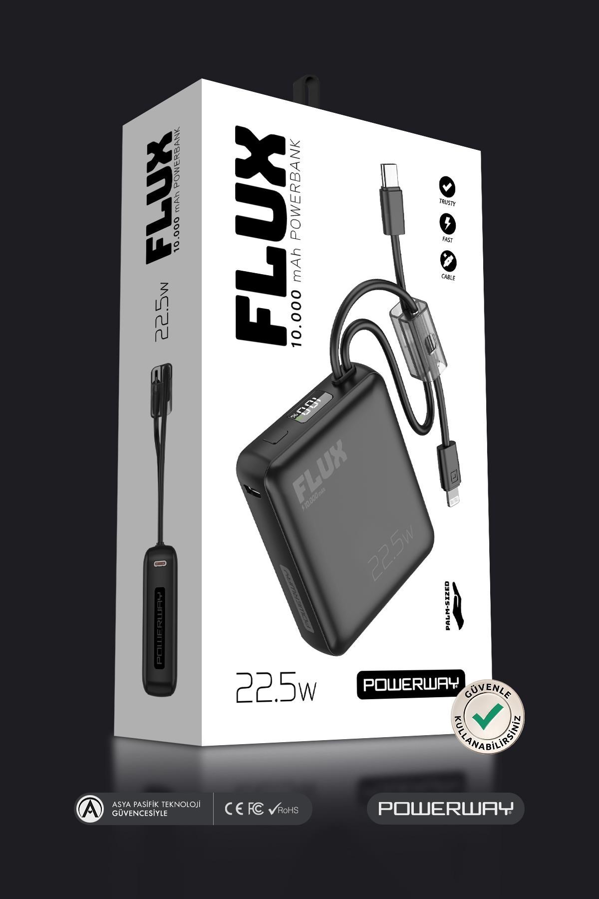 10.000 Mah PD 22.5W Hızlı Şarj Gerçek 10.000 mAh Garantili Flux Siyah Powerbank