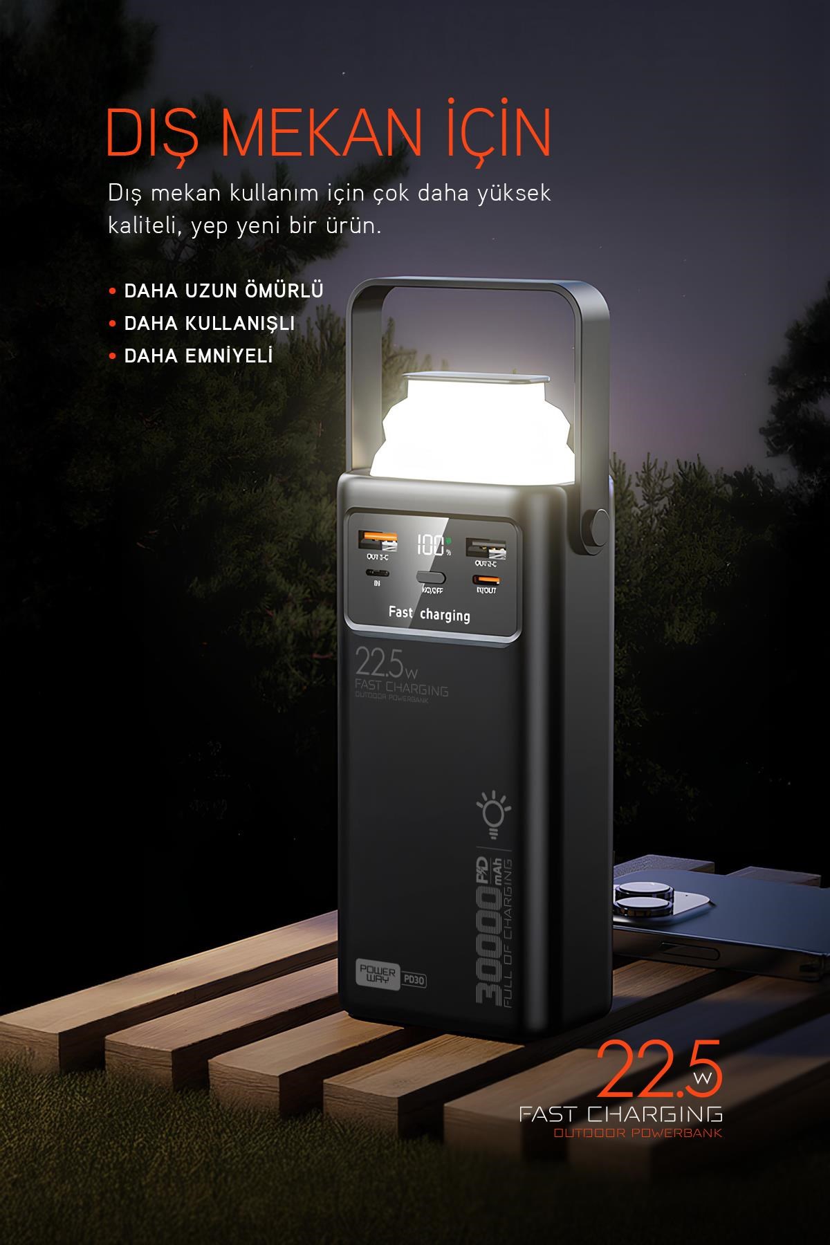 30.000 Mah Pd 22.5W Dahili Kablolu Hızlı Şarj Led Fener Gerçek 30.000 Mah PD30 Beyaz Powerbank