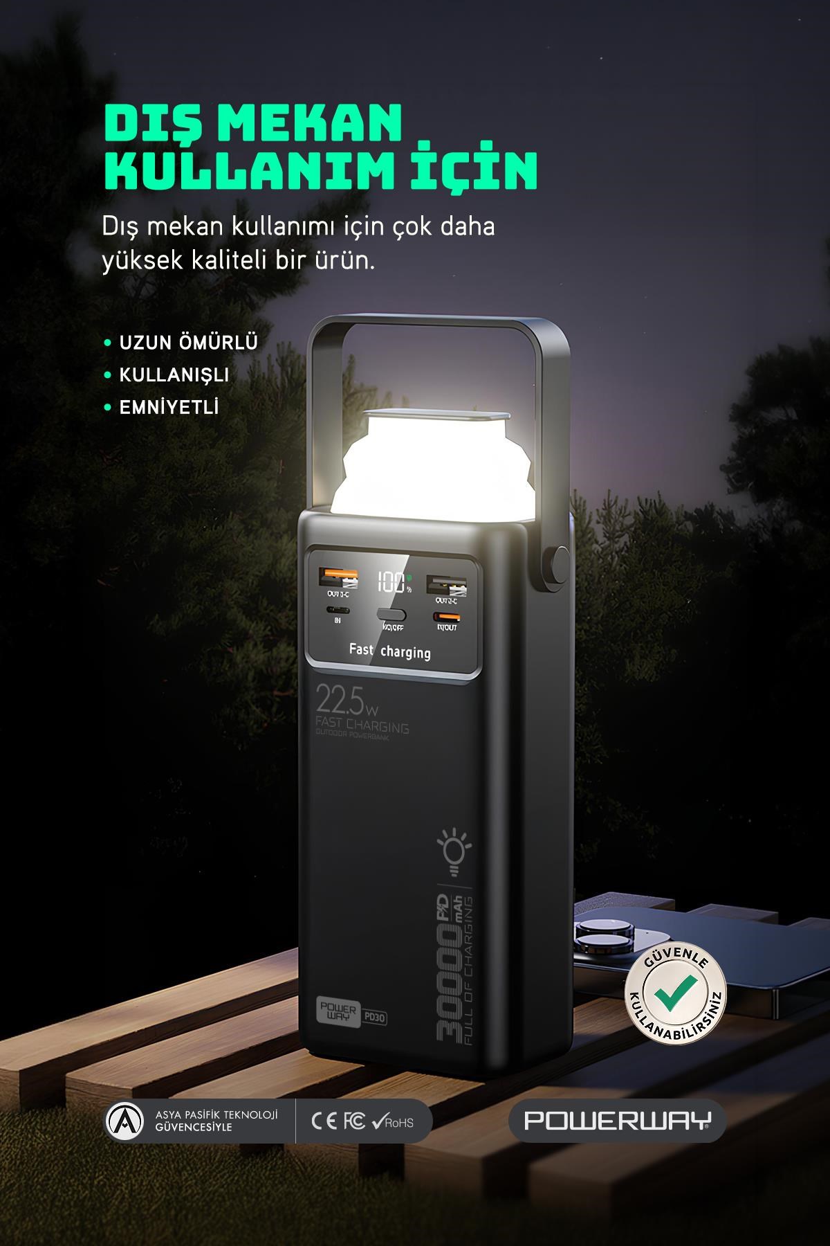 30.000 Mah Pd 22.5W Dahili Kablolu Hızlı Şarj Led Fener Gerçek 30.000 Mah PD30 Siyah Powerbank