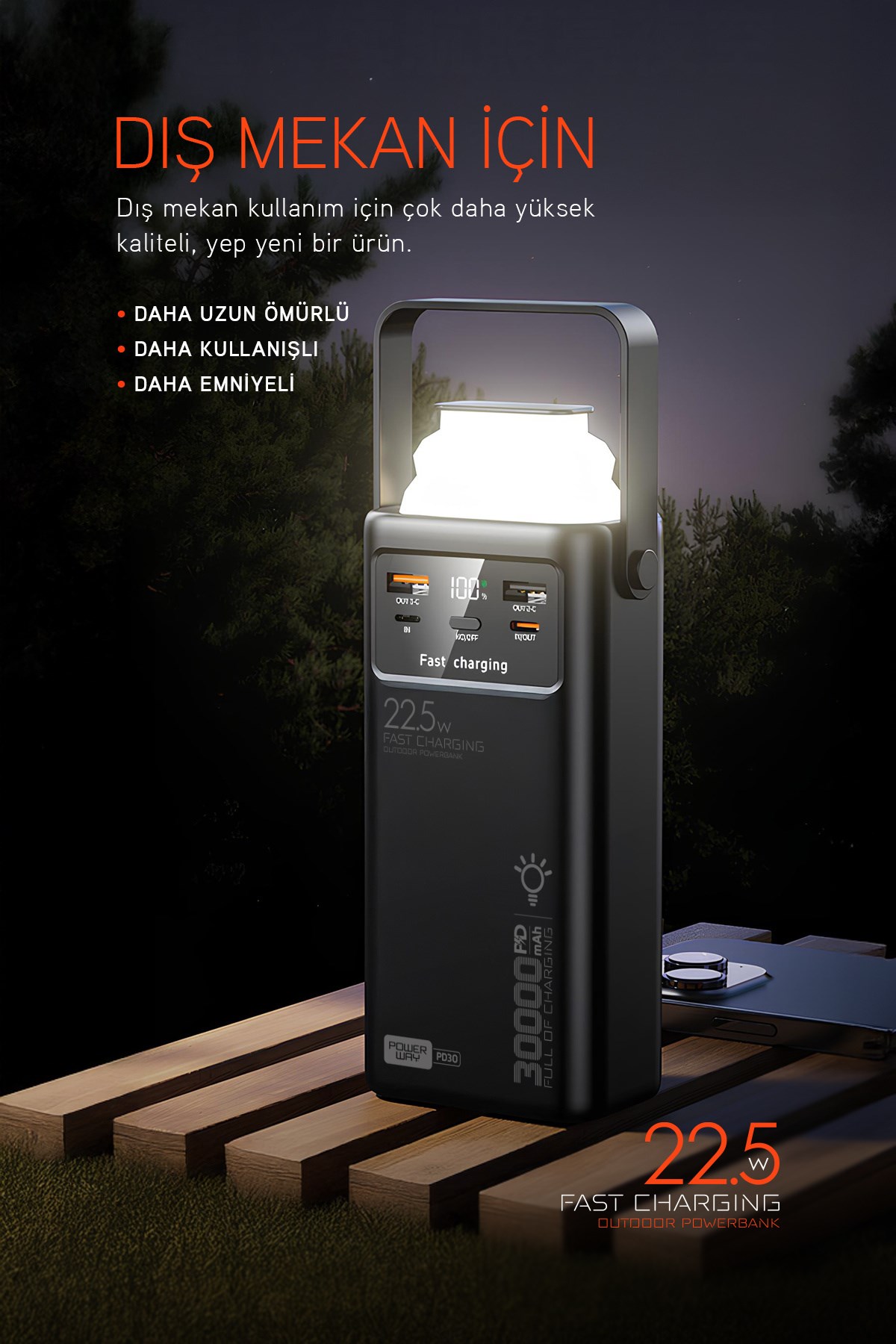 30.000 Mah Pd 22.5W Dahili Kablolu Hızlı Şarj Led Fener Gerçek 30.000 Mah PD30 Siyah Powerbank