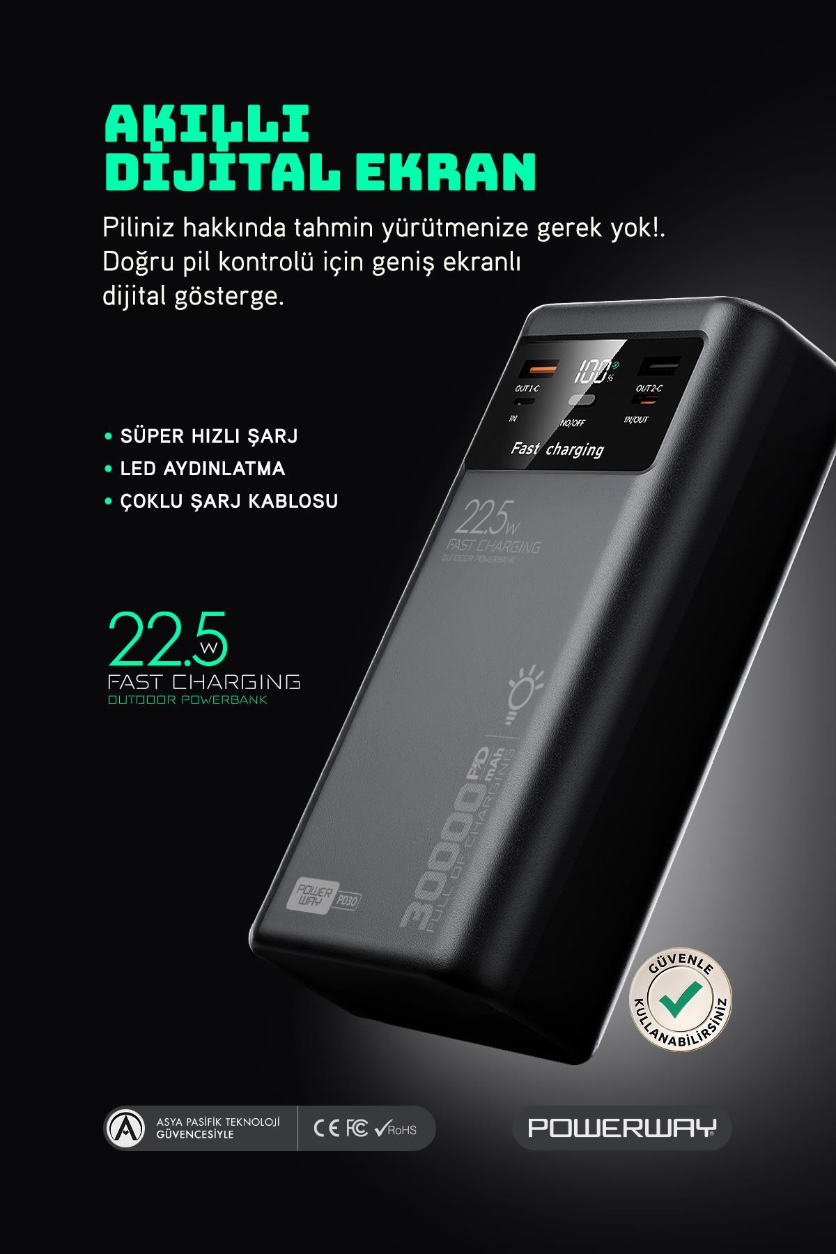 30.000 Mah Pd 22.5W Dahili Kablolu Hızlı Şarj Led Fener Gerçek 30.000 Mah PD30 Siyah Powerbank