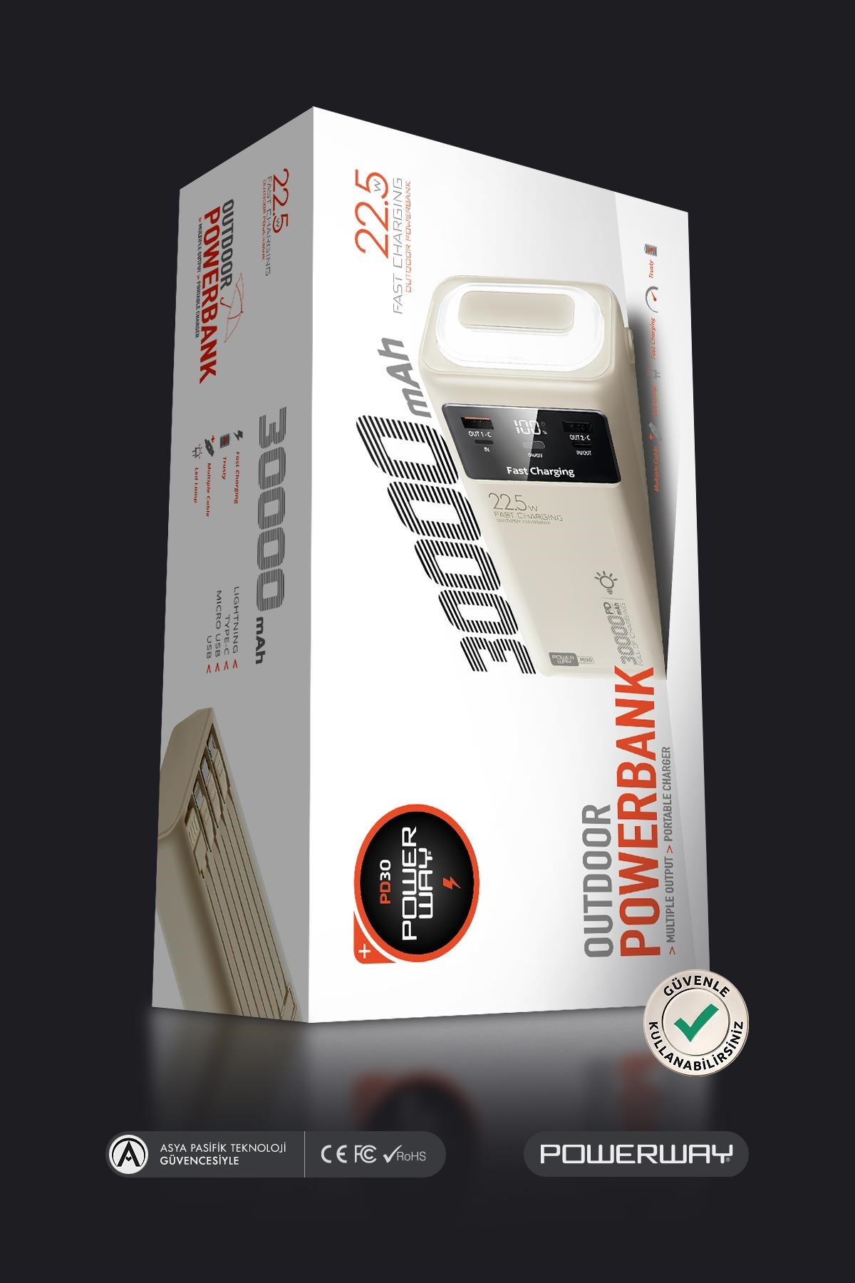 30.000 Mah Pd 22.5W Dahili Kablolu Hızlı Şarj Led Fener Gerçek 30.000 Mah PD30 Beyaz Powerbank