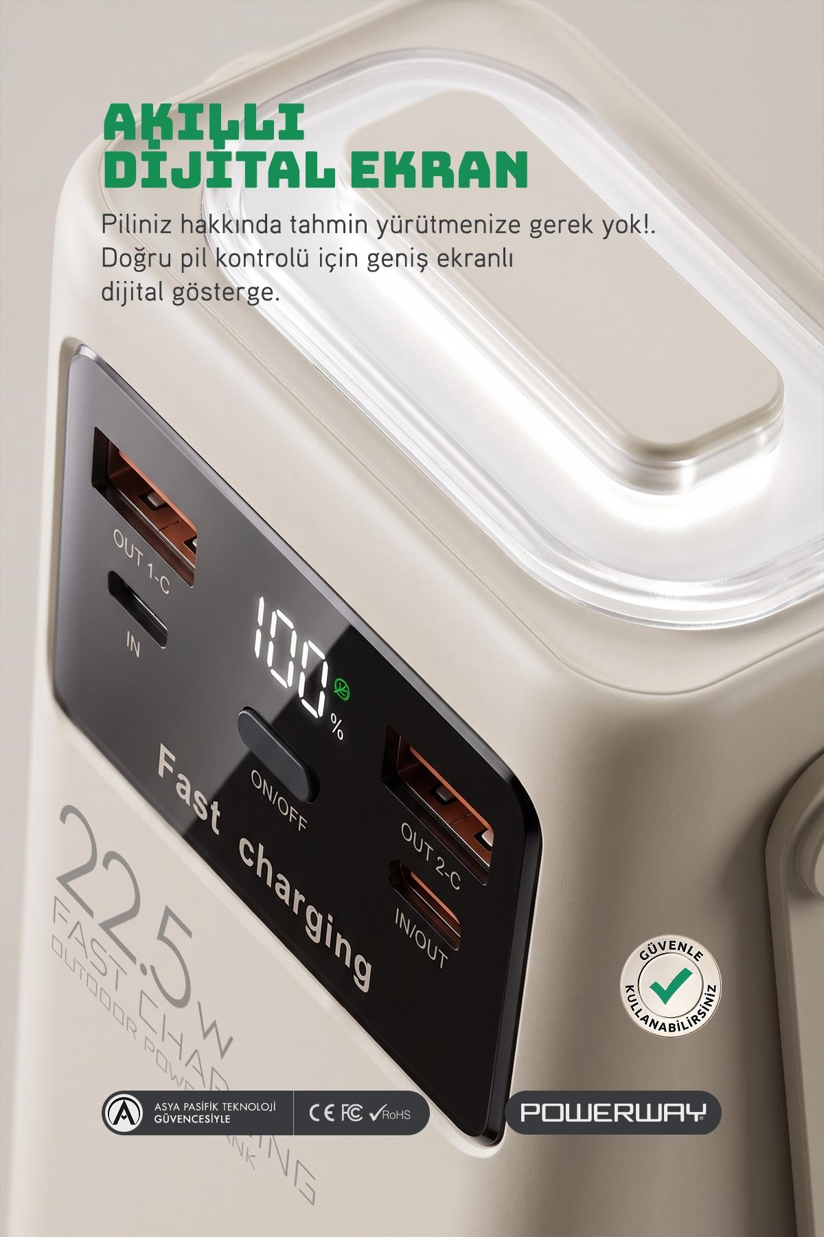 30.000 Mah Pd 22.5W Dahili Kablolu Hızlı Şarj Led Fener Gerçek 30.000 Mah PD30 Beyaz Powerbank