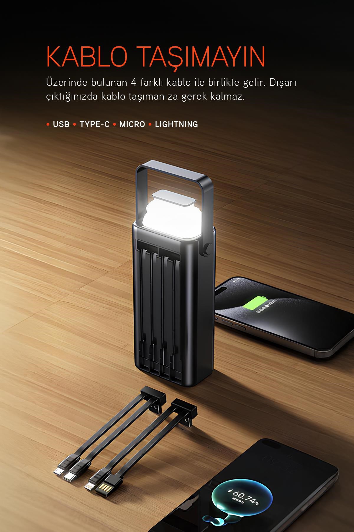 30.000 Mah Pd 22.5W Dahili Kablolu Hızlı Şarj Led Fener Gerçek 30.000 Mah PD30 Beyaz Powerbank